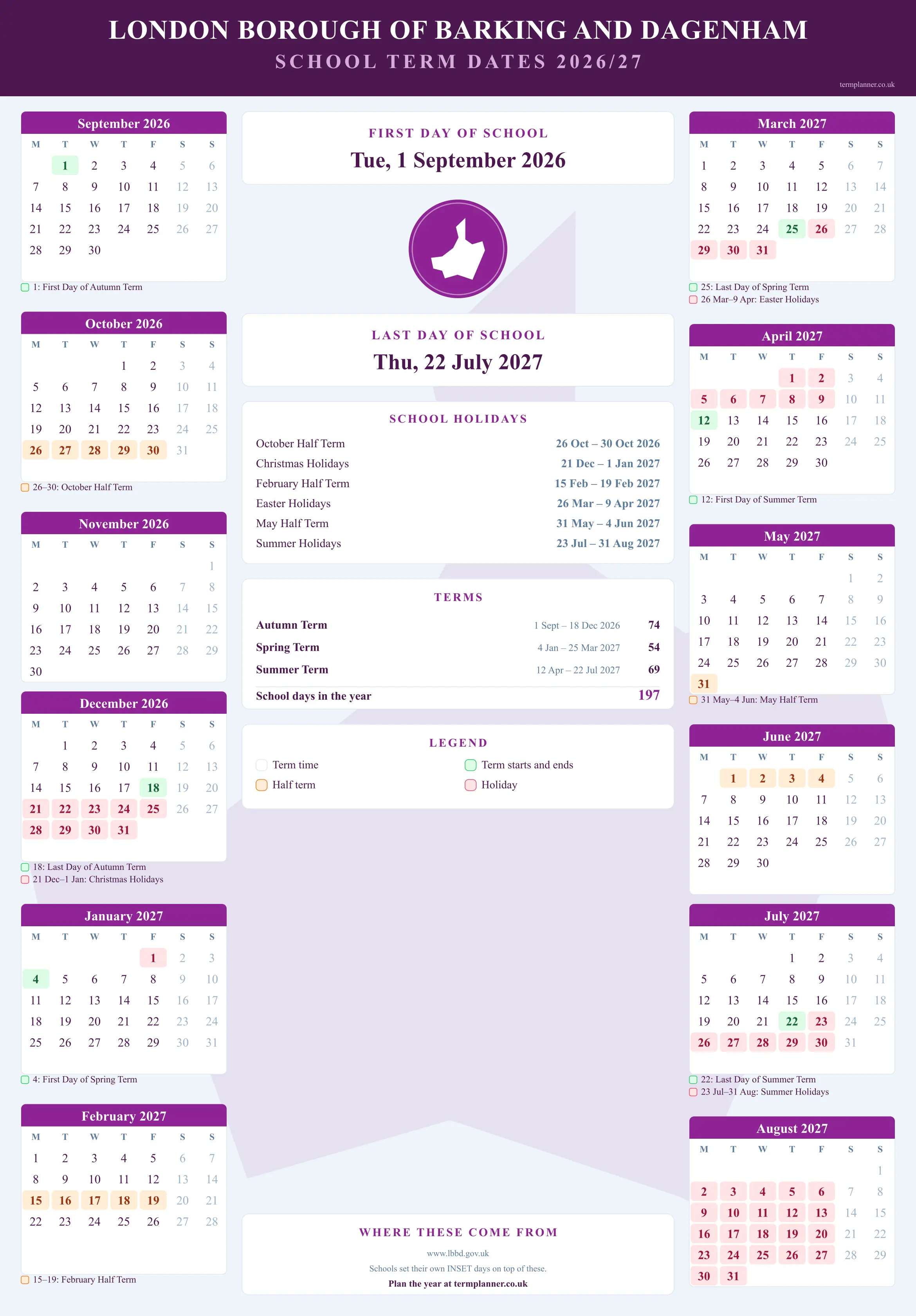 London Borough of Barking and Dagenham’s 2026/27 school year drawn as a wall calendar: all twelve months from September to August, with autumn term 1 September to 18 December 2026, spring term 4 January to 25 March 2027, summer term 12 April to 22 July 2027. Half terms, holidays and bank holidays are shaded, and each month's dates listed underneath it in words.