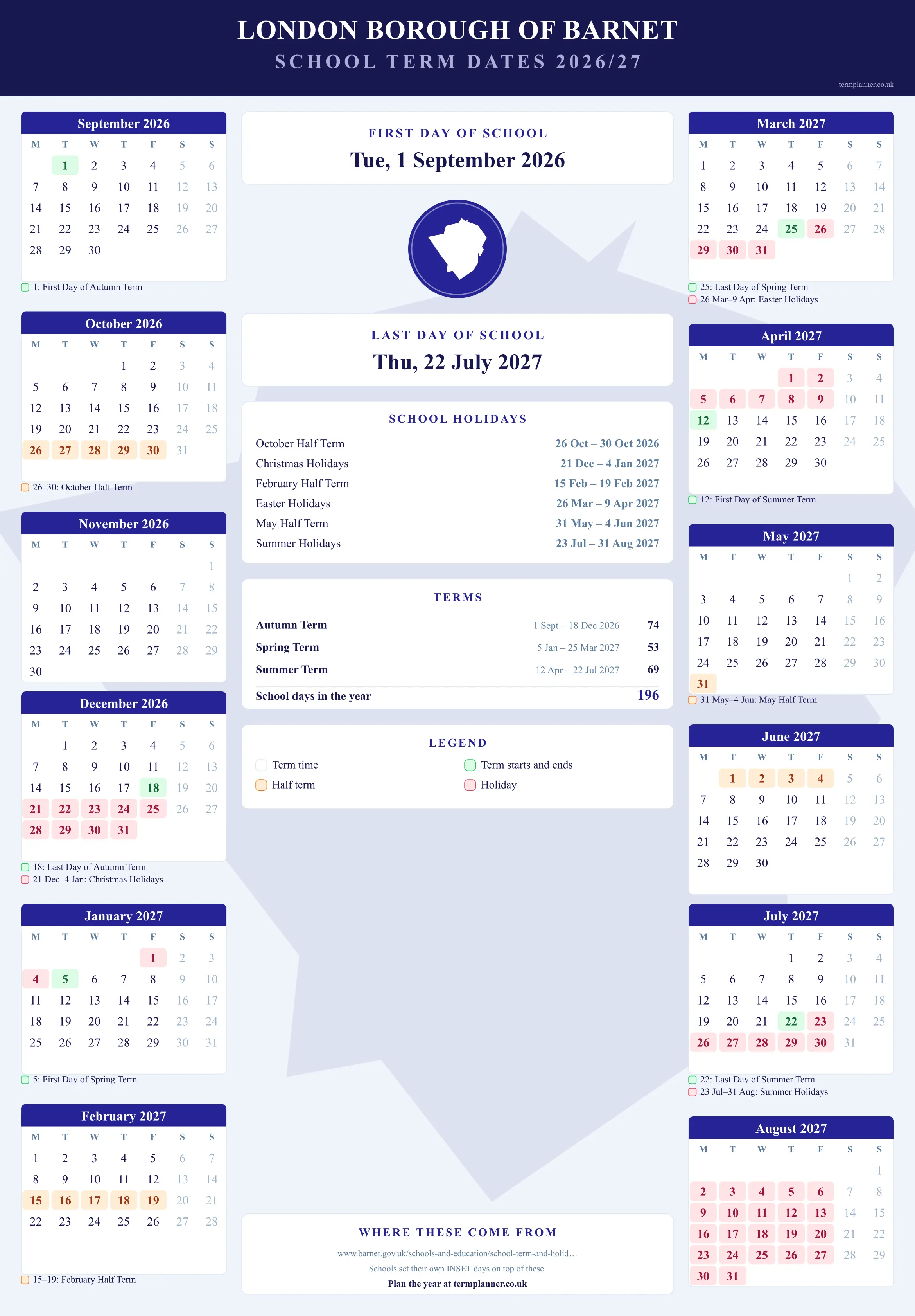 London Borough of Barnet’s 2026/27 school year drawn as a wall calendar: all twelve months from September to August, with autumn term 1 September to 18 December 2026, spring term 5 January to 25 March 2027, summer term 12 April to 22 July 2027. Half terms, holidays and bank holidays are shaded, and each month's dates listed underneath it in words.