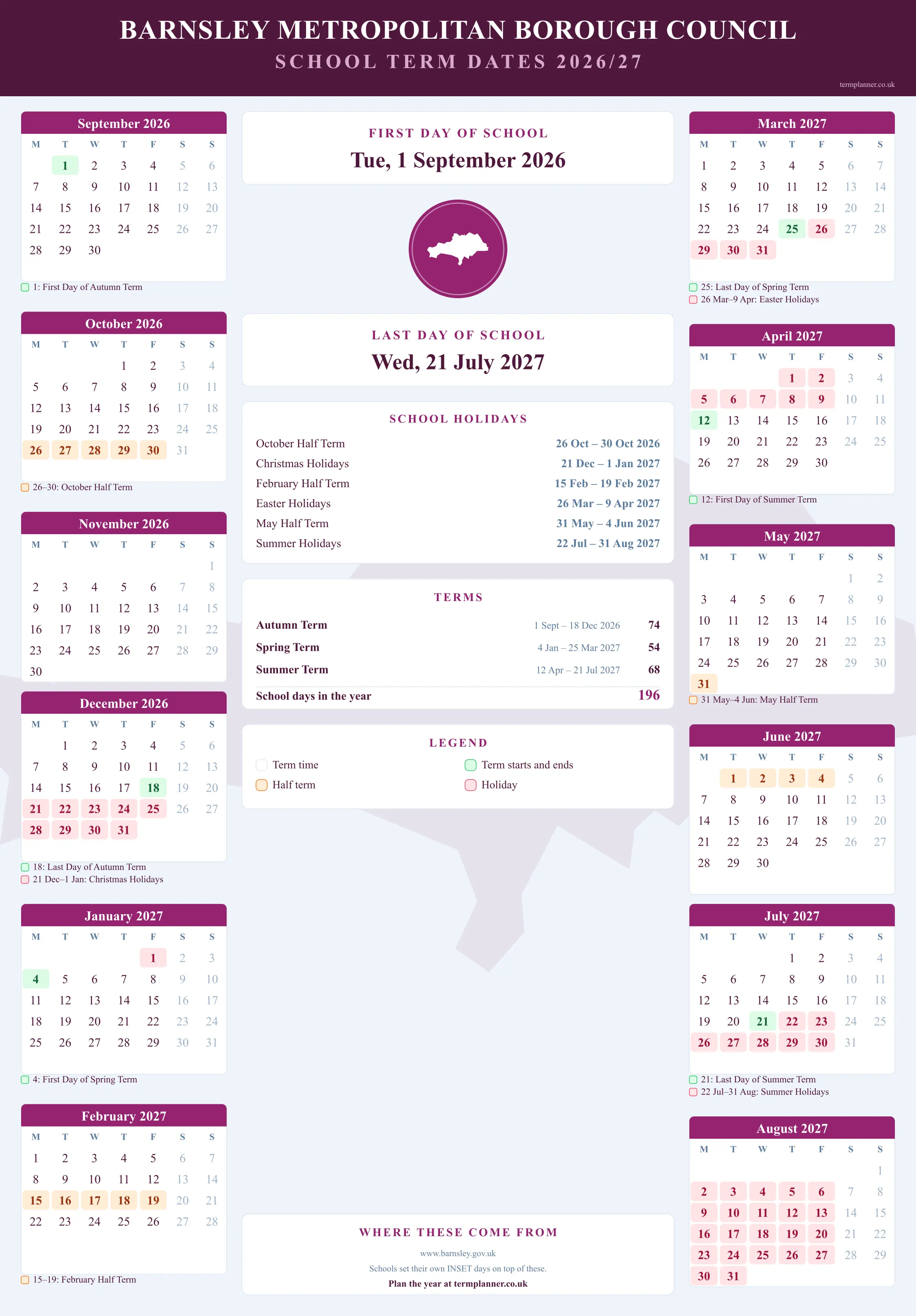 Barnsley Metropolitan Borough Council’s 2026/27 school year drawn as a wall calendar: all twelve months from September to August, with autumn term 1 September to 18 December 2026, spring term 4 January to 25 March 2027, summer term 12 April to 21 July 2027. Half terms, holidays and bank holidays are shaded, and each month's dates listed underneath it in words.
