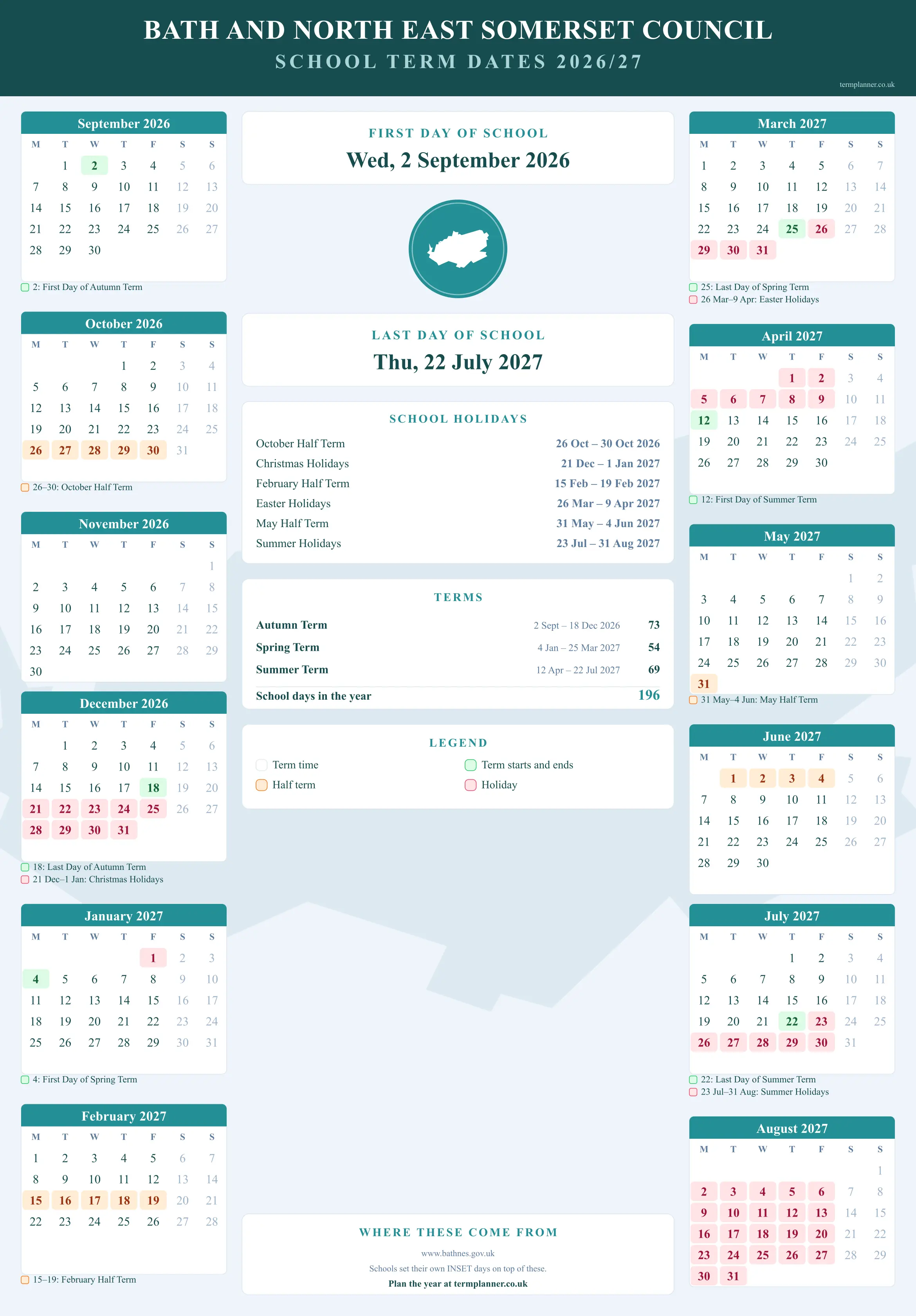 Bath and North East Somerset Council’s 2026/27 school year drawn as a wall calendar: all twelve months from September to August, with autumn term 2 September to 18 December 2026, spring term 4 January to 25 March 2027, summer term 12 April to 22 July 2027. Half terms, holidays and bank holidays are shaded, and each month's dates listed underneath it in words.