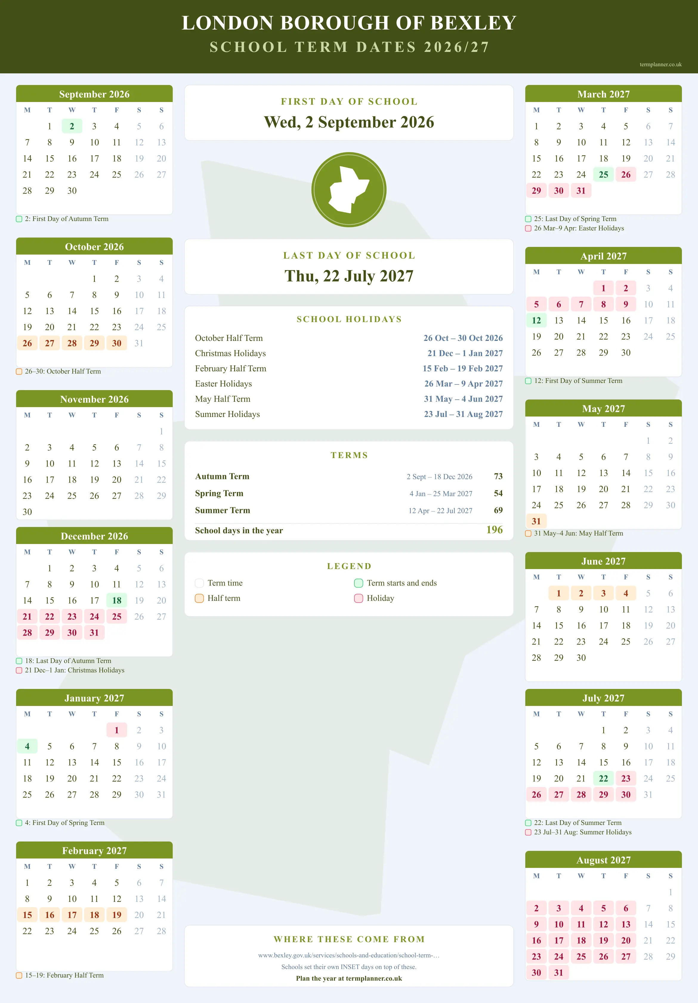 London Borough of Bexley’s 2026/27 school year drawn as a wall calendar: all twelve months from September to August, with autumn term 2 September to 18 December 2026, spring term 4 January to 25 March 2027, summer term 12 April to 22 July 2027. Half terms, holidays and bank holidays are shaded, and each month's dates listed underneath it in words.