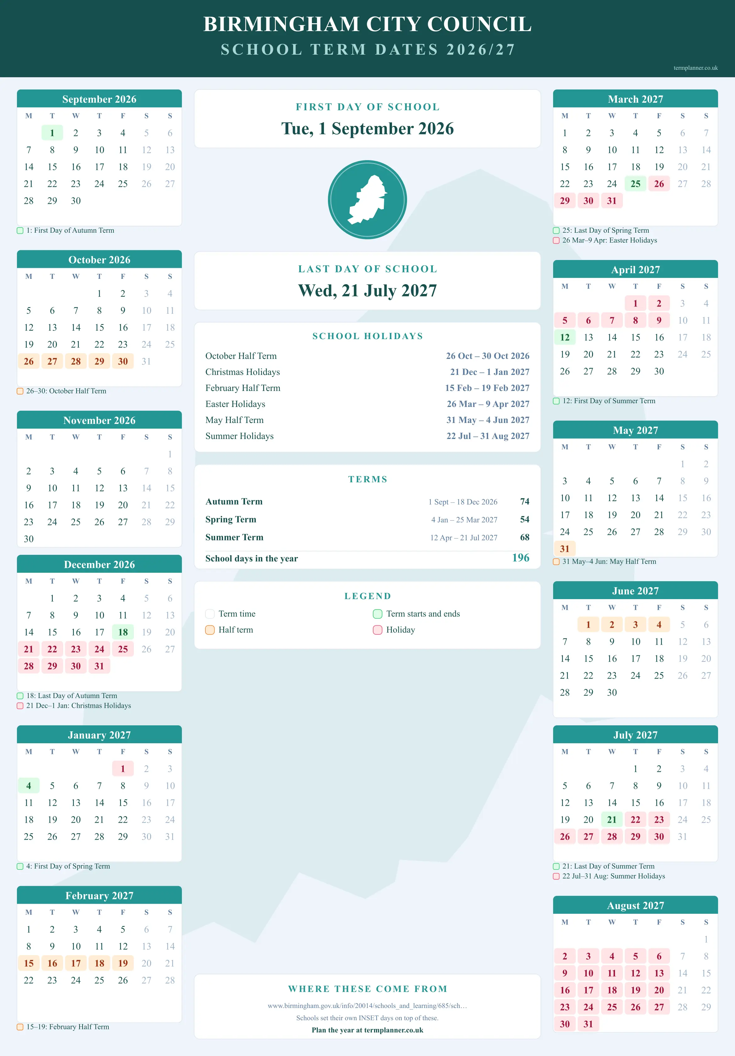 Birmingham City Council’s 2026/27 school year drawn as a wall calendar: all twelve months from September to August, with autumn term 1 September to 18 December 2026, spring term 4 January to 25 March 2027, summer term 12 April to 21 July 2027. Half terms, holidays and bank holidays are shaded, and each month's dates listed underneath it in words.