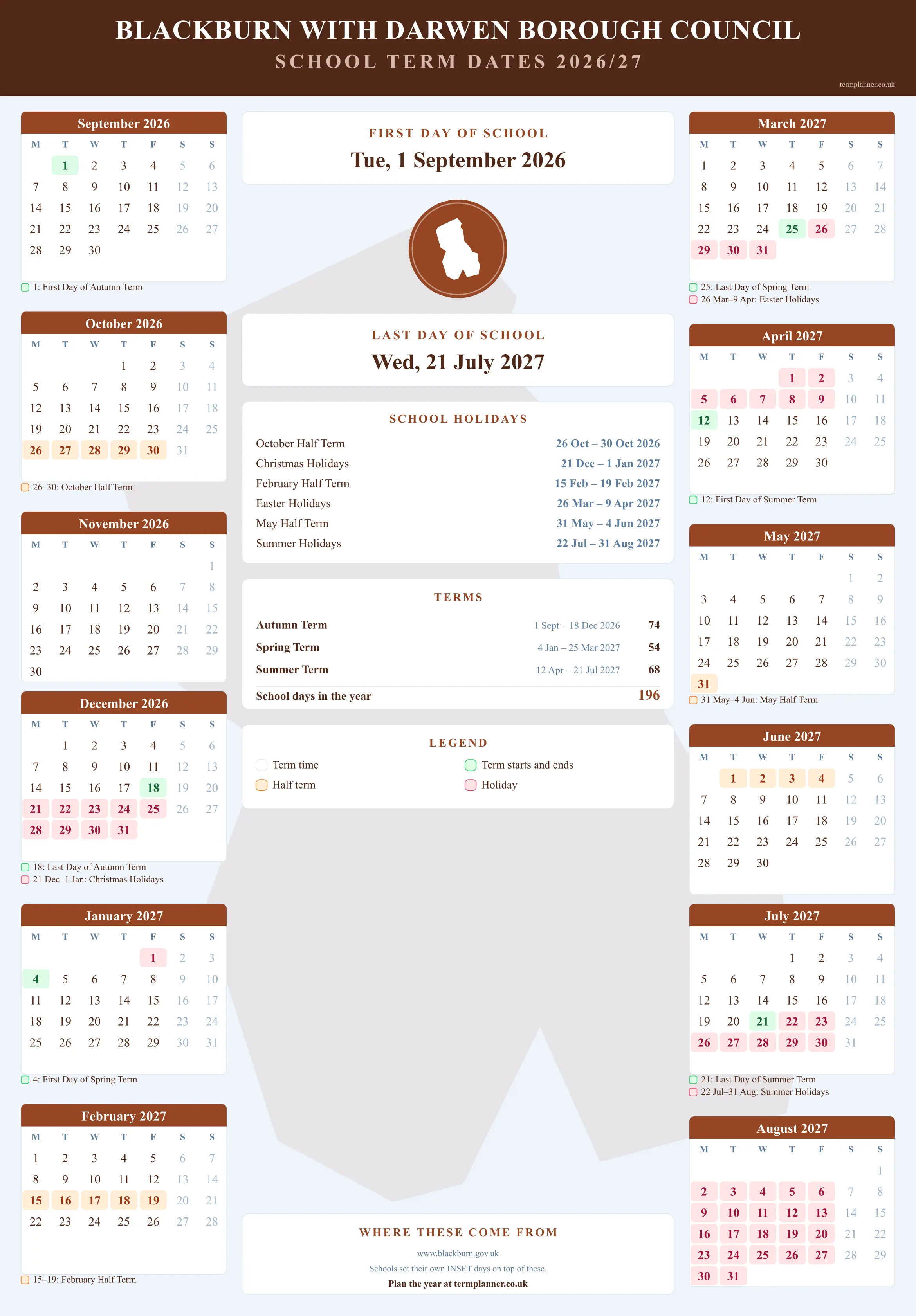 Blackburn with Darwen Borough Council’s 2026/27 school year drawn as a wall calendar: all twelve months from September to August, with autumn term 1 September to 18 December 2026, spring term 4 January to 25 March 2027, summer term 12 April to 21 July 2027. Half terms, holidays and bank holidays are shaded, and each month's dates listed underneath it in words.