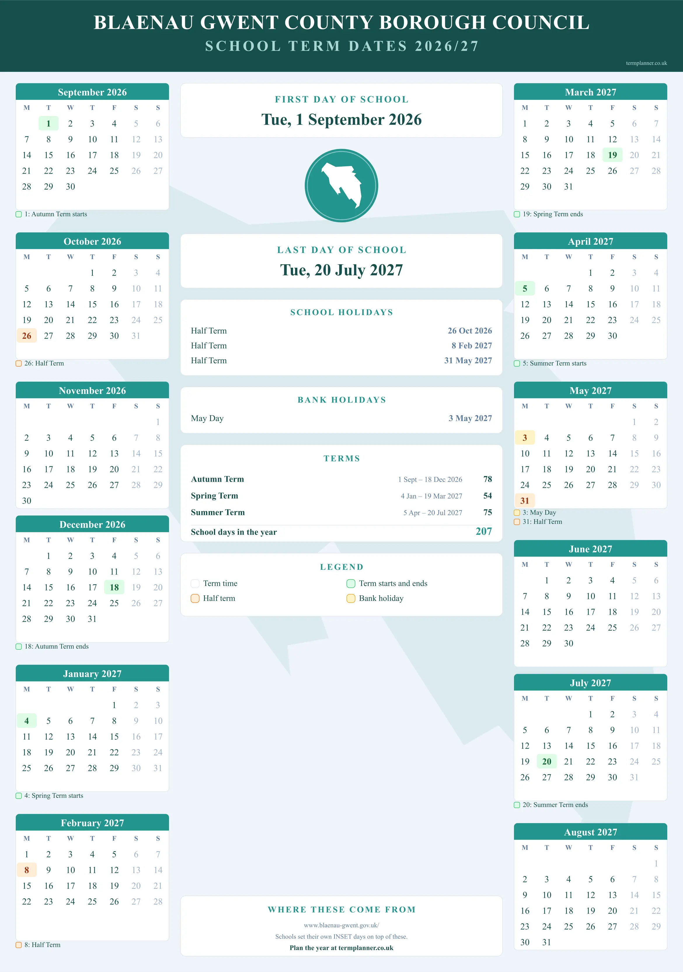 Blaenau Gwent County Borough Council’s 2026/27 school year drawn as a wall calendar: all twelve months from September to August, with autumn term 1 September to 18 December 2026, spring term 4 January to 19 March 2027, summer term 5 April to 20 July 2027. Half terms, holidays and bank holidays are shaded, and each month's dates listed underneath it in words.
