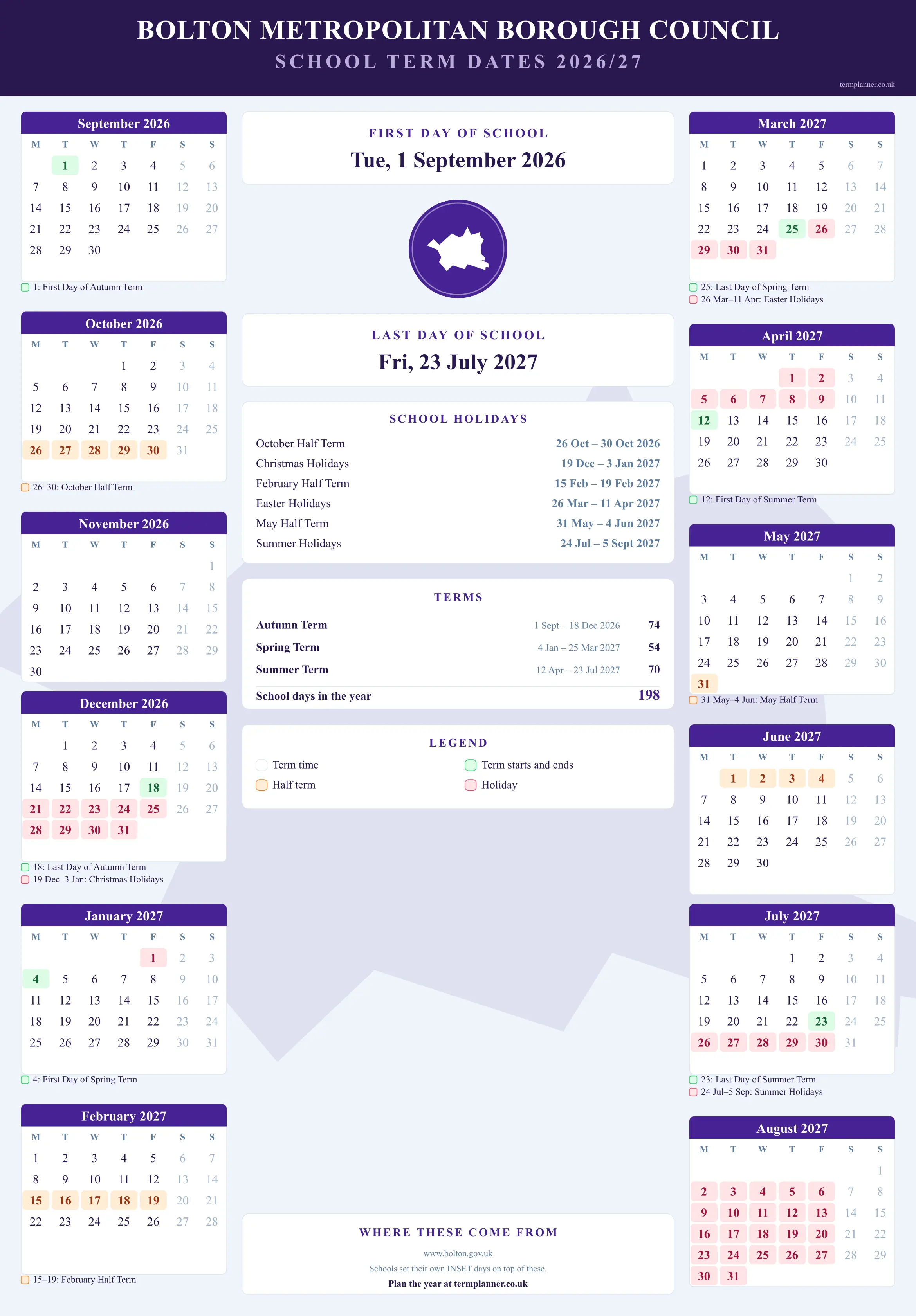 Bolton Metropolitan Borough Council’s 2026/27 school year drawn as a wall calendar: all twelve months from September to August, with autumn term 1 September to 18 December 2026, spring term 4 January to 25 March 2027, summer term 12 April to 23 July 2027. Half terms, holidays and bank holidays are shaded, and each month's dates listed underneath it in words.