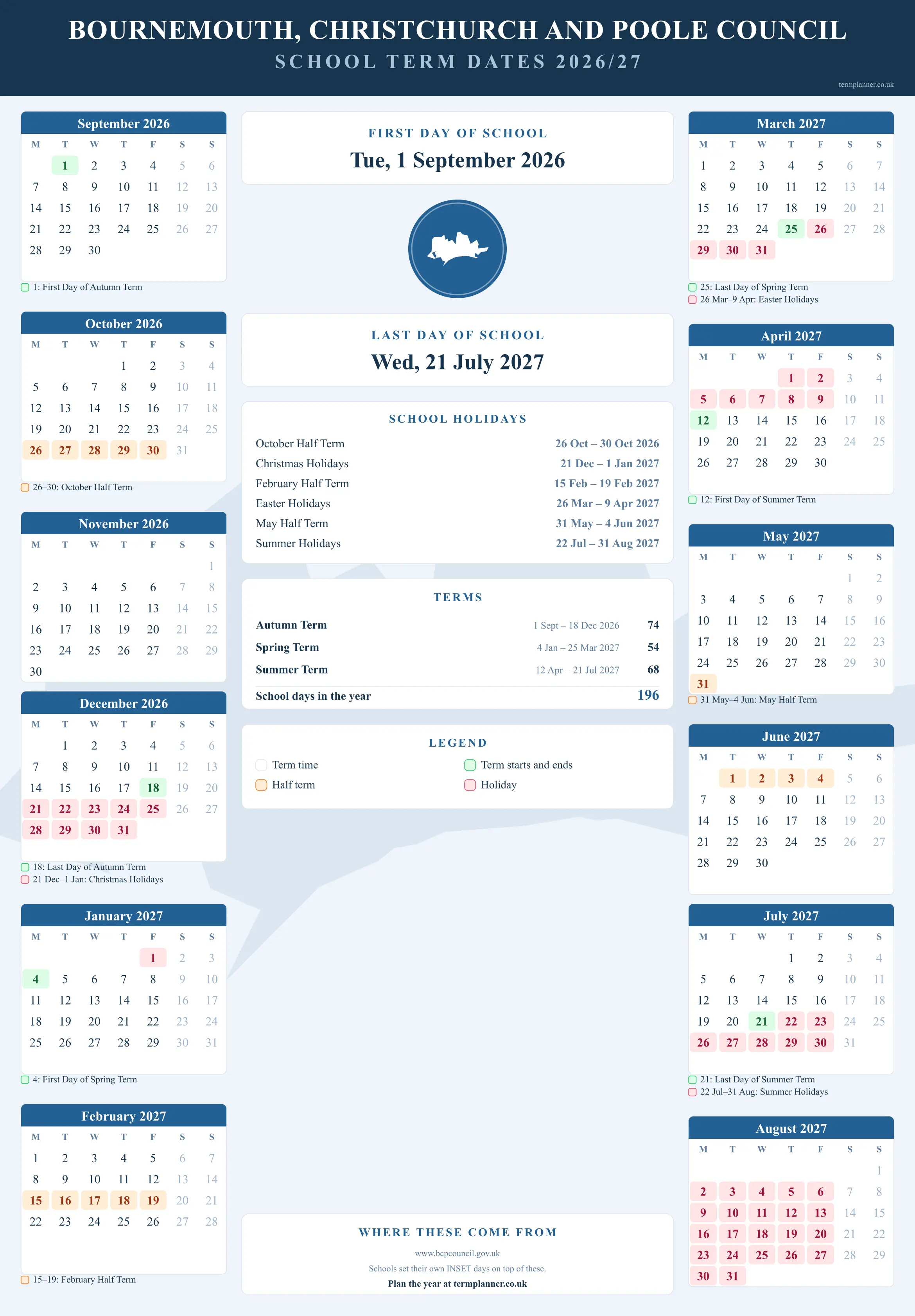 Bournemouth, Christchurch and Poole Council’s 2026/27 school year drawn as a wall calendar: all twelve months from September to August, with autumn term 1 September to 18 December 2026, spring term 4 January to 25 March 2027, summer term 12 April to 21 July 2027. Half terms, holidays and bank holidays are shaded, and each month's dates listed underneath it in words.