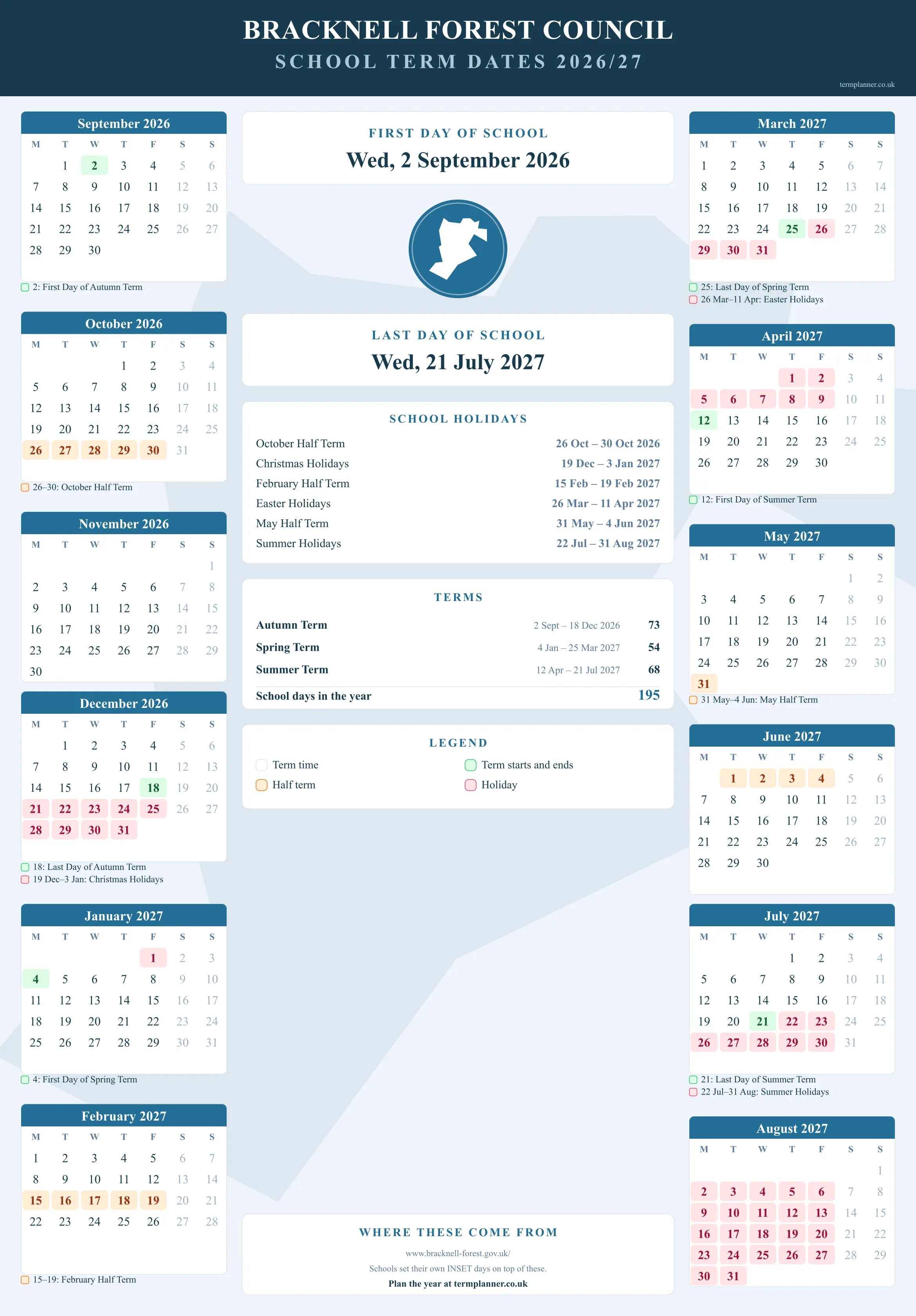 Bracknell Forest Council’s 2026/27 school year drawn as a wall calendar: all twelve months from September to August, with autumn term 2 September to 18 December 2026, spring term 4 January to 25 March 2027, summer term 12 April to 21 July 2027. Half terms, holidays and bank holidays are shaded, and each month's dates listed underneath it in words.