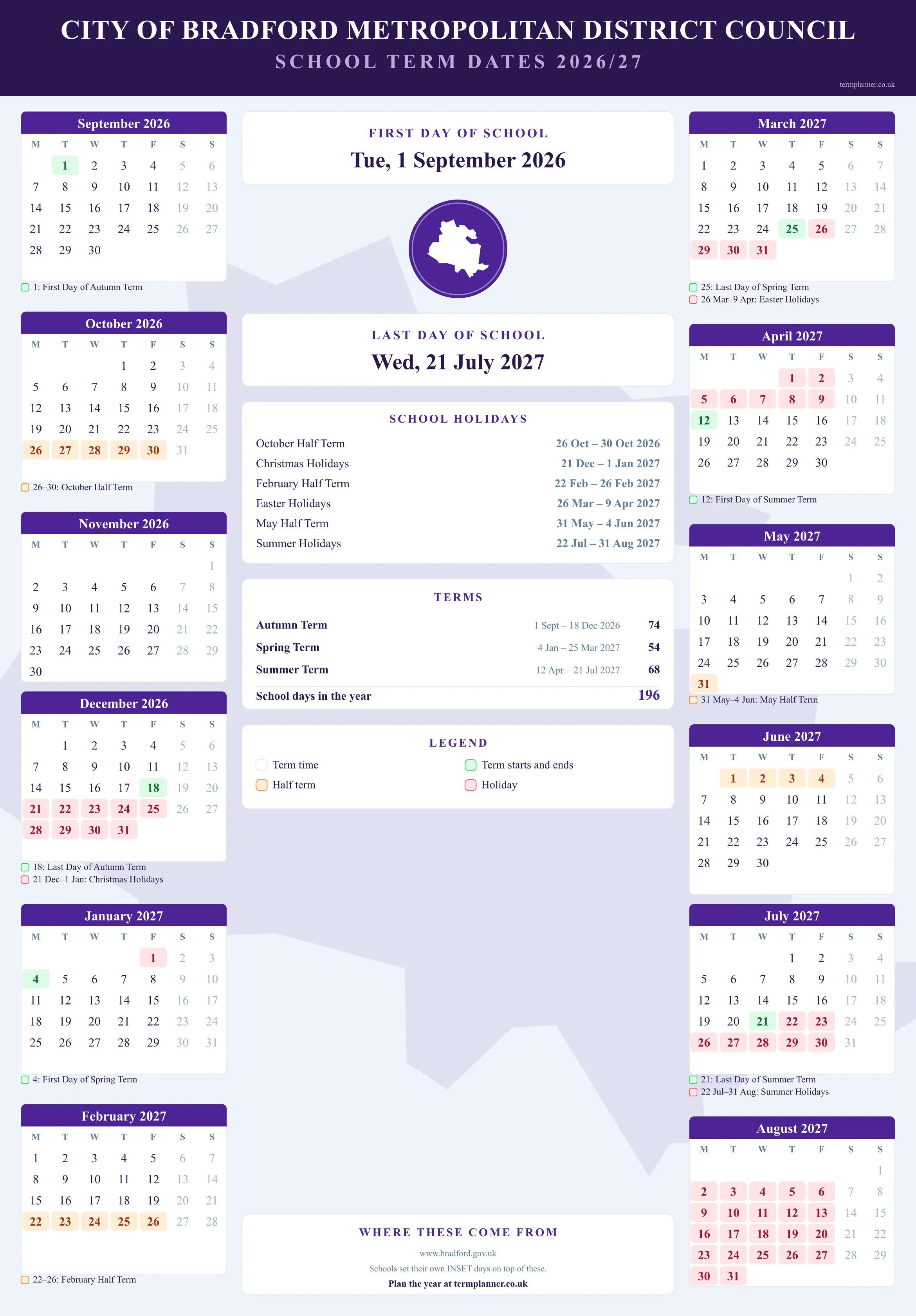 City of Bradford Metropolitan District Council’s 2026/27 school year drawn as a wall calendar: all twelve months from September to August, with autumn term 1 September to 18 December 2026, spring term 4 January to 25 March 2027, summer term 12 April to 21 July 2027. Half terms, holidays and bank holidays are shaded, and each month's dates listed underneath it in words.