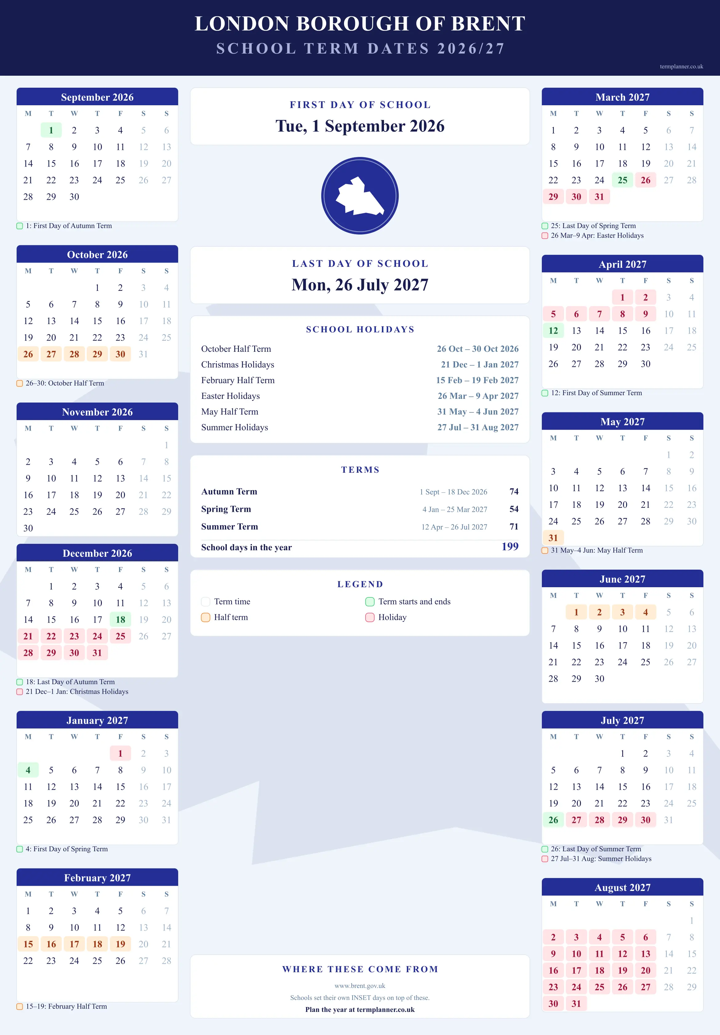 London Borough of Brent’s 2026/27 school year drawn as a wall calendar: all twelve months from September to August, with autumn term 1 September to 18 December 2026, spring term 4 January to 25 March 2027, summer term 12 April to 26 July 2027. Half terms, holidays and bank holidays are shaded, and each month's dates listed underneath it in words.