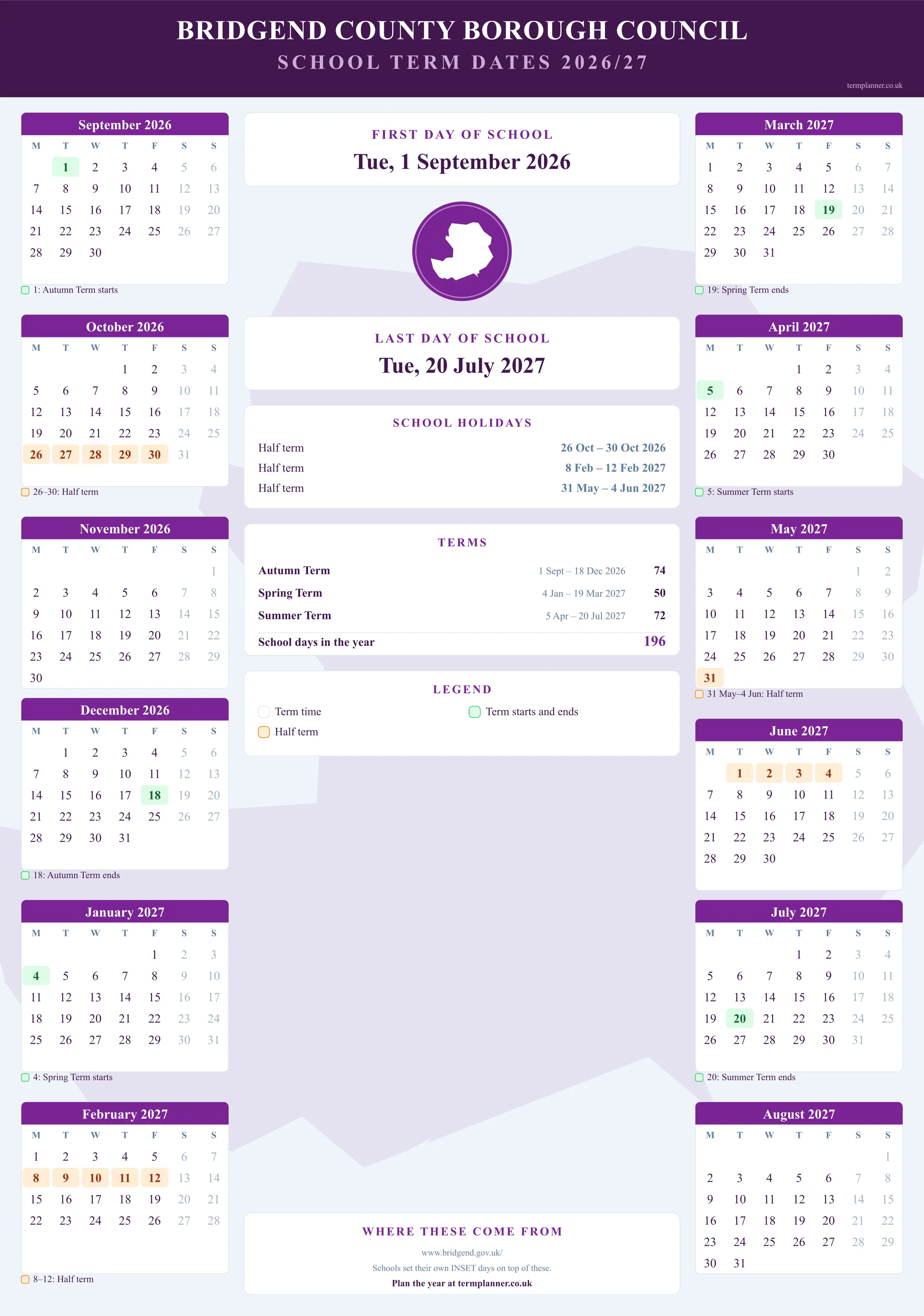 Bridgend County Borough Council’s 2026/27 school year drawn as a wall calendar: all twelve months from September to August, with autumn term 1 September to 18 December 2026, spring term 4 January to 19 March 2027, summer term 5 April to 20 July 2027. Half terms, holidays and bank holidays are shaded, and each month's dates listed underneath it in words.