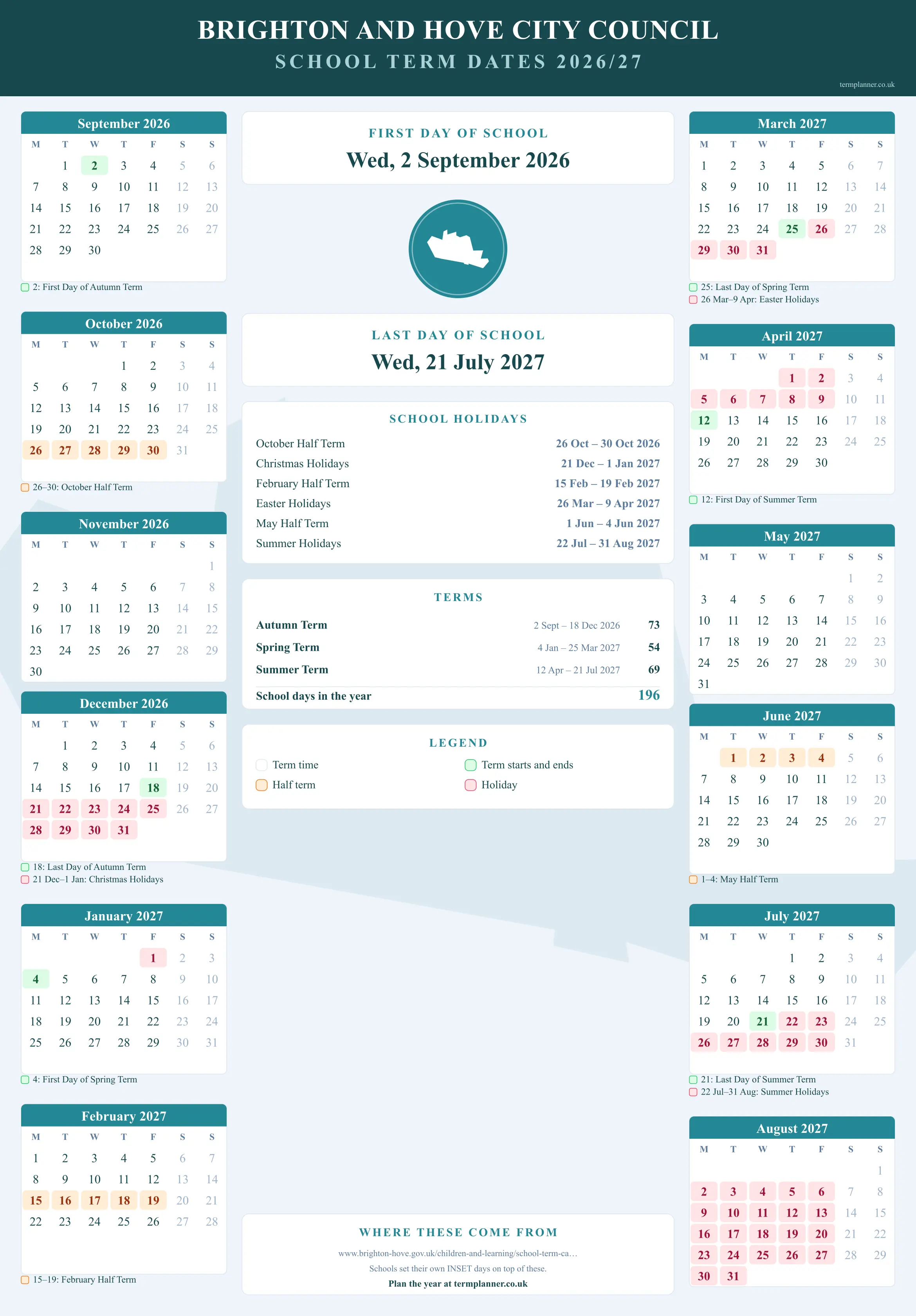 Brighton and Hove City Council’s 2026/27 school year drawn as a wall calendar: all twelve months from September to August, with autumn term 2 September to 18 December 2026, spring term 4 January to 25 March 2027, summer term 12 April to 21 July 2027. Half terms, holidays and bank holidays are shaded, and each month's dates listed underneath it in words.