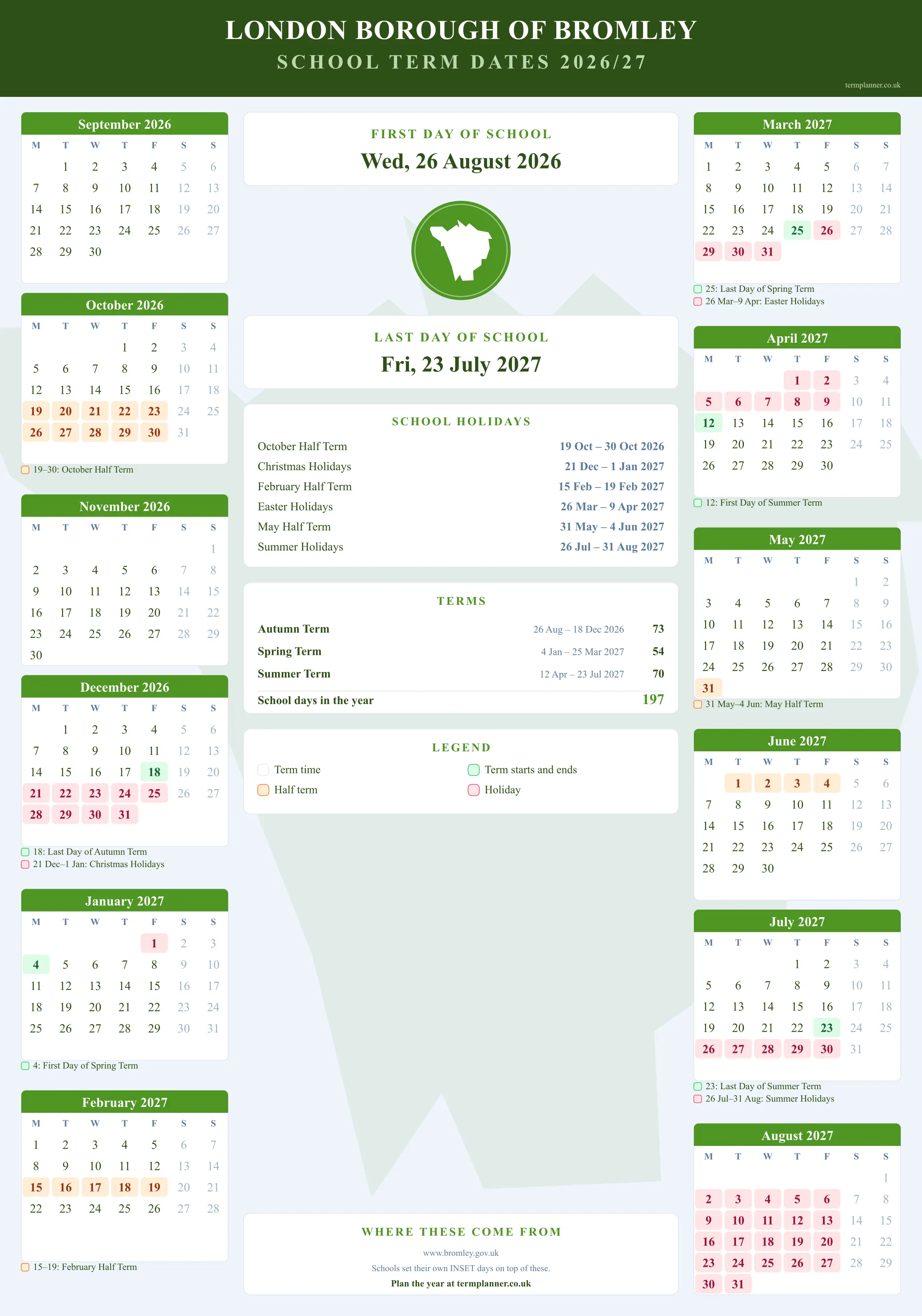 London Borough of Bromley’s 2026/27 school year drawn as a wall calendar: all twelve months from September to August, with autumn term 26 August to 18 December 2026, spring term 4 January to 25 March 2027, summer term 12 April to 23 July 2027. Half terms, holidays and bank holidays are shaded, and each month's dates listed underneath it in words.