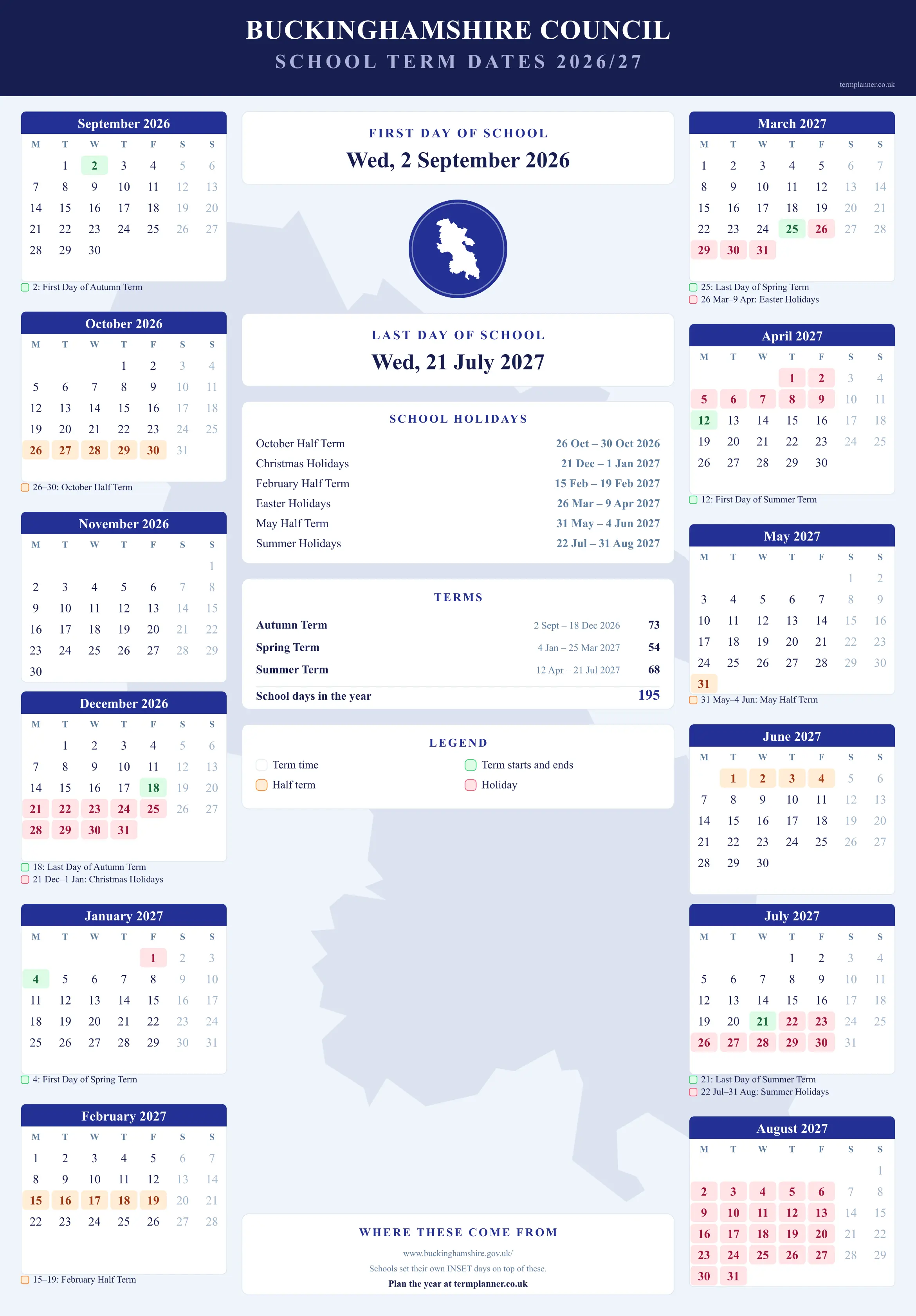 Buckinghamshire Council’s 2026/27 school year drawn as a wall calendar: all twelve months from September to August, with autumn term 2 September to 18 December 2026, spring term 4 January to 25 March 2027, summer term 12 April to 21 July 2027. Half terms, holidays and bank holidays are shaded, and each month's dates listed underneath it in words.