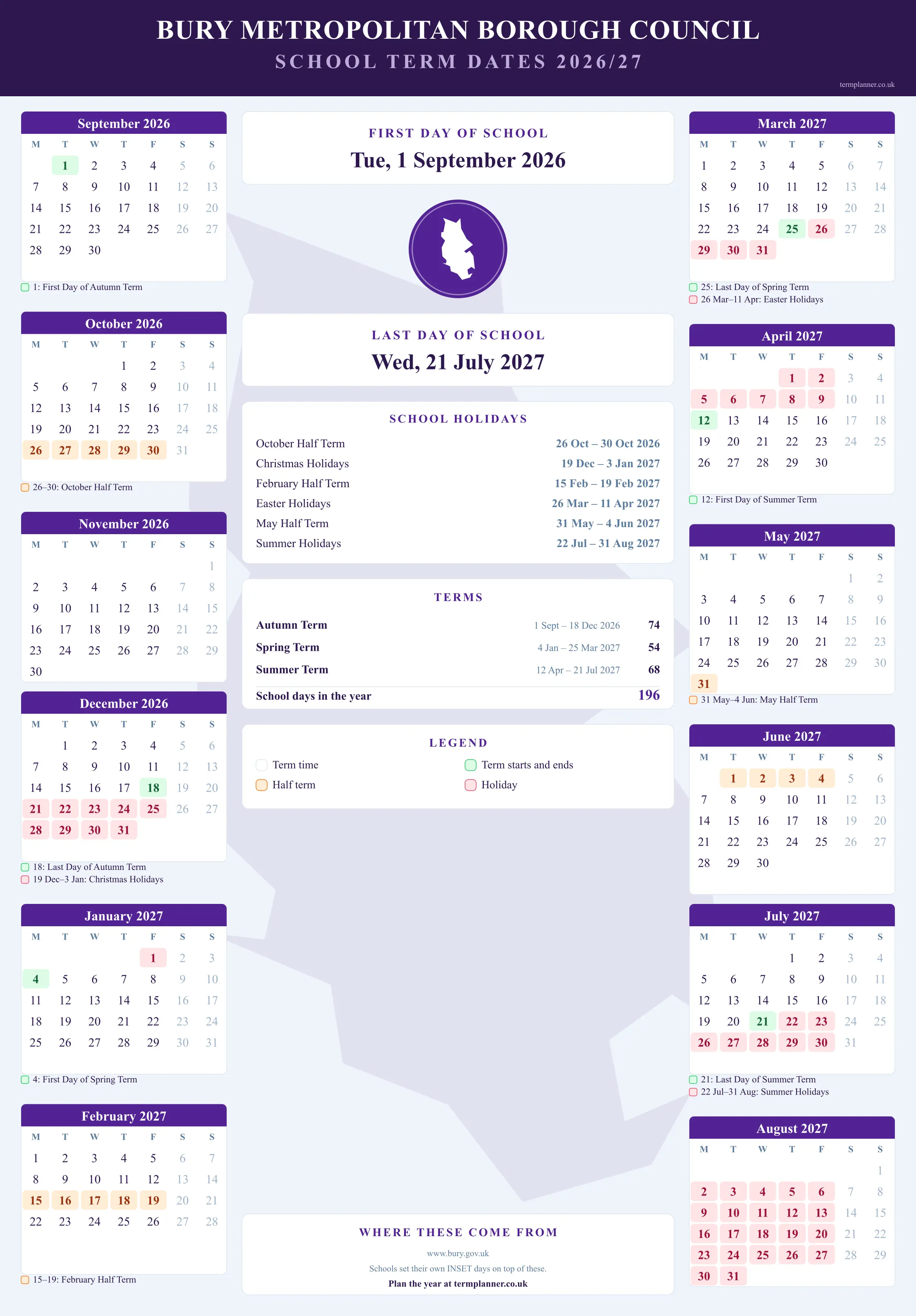 Bury Metropolitan Borough Council’s 2026/27 school year drawn as a wall calendar: all twelve months from September to August, with autumn term 1 September to 18 December 2026, spring term 4 January to 25 March 2027, summer term 12 April to 21 July 2027. Half terms, holidays and bank holidays are shaded, and each month's dates listed underneath it in words.