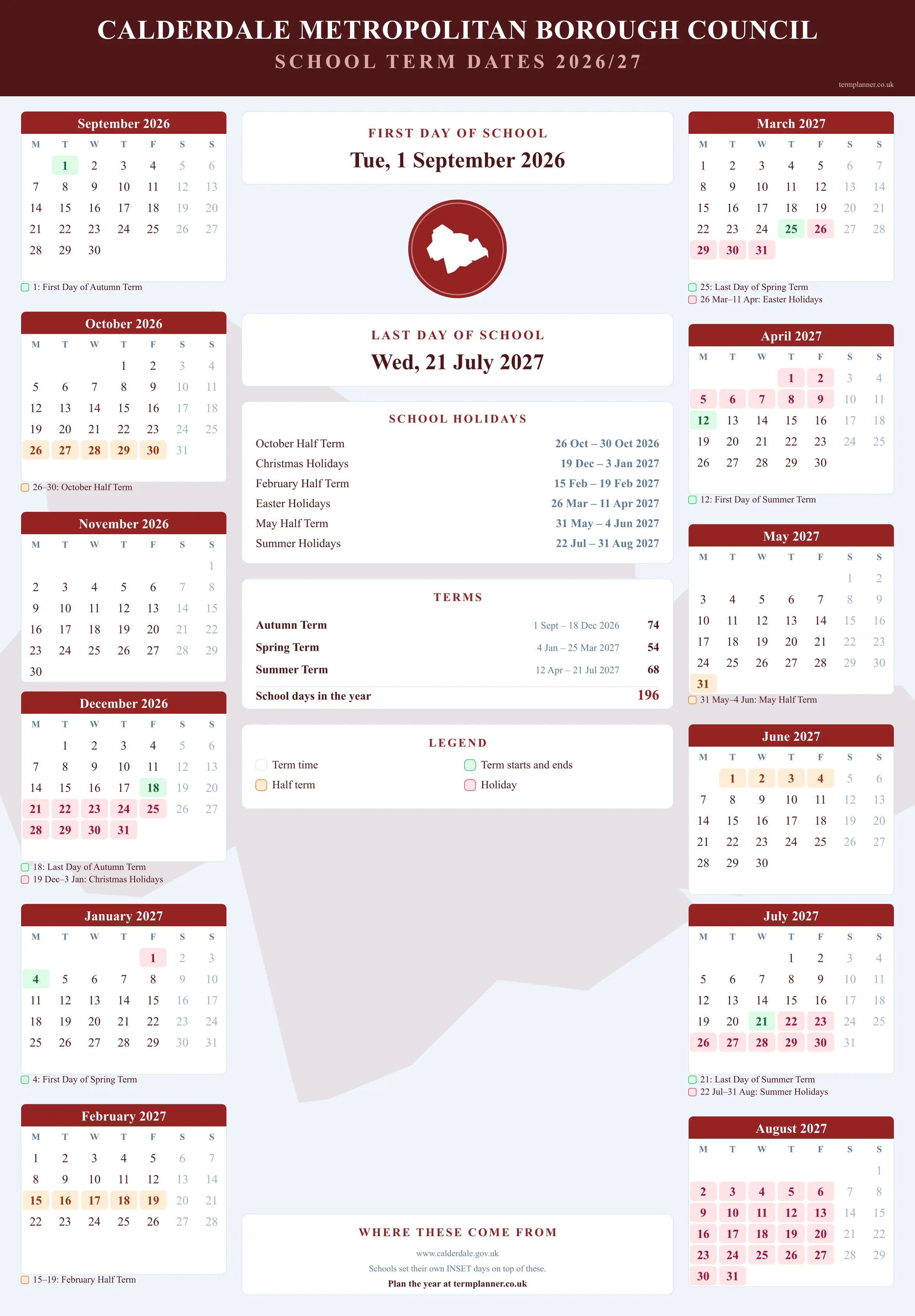 Calderdale Metropolitan Borough Council’s 2026/27 school year drawn as a wall calendar: all twelve months from September to August, with autumn term 1 September to 18 December 2026, spring term 4 January to 25 March 2027, summer term 12 April to 21 July 2027. Half terms, holidays and bank holidays are shaded, and each month's dates listed underneath it in words.