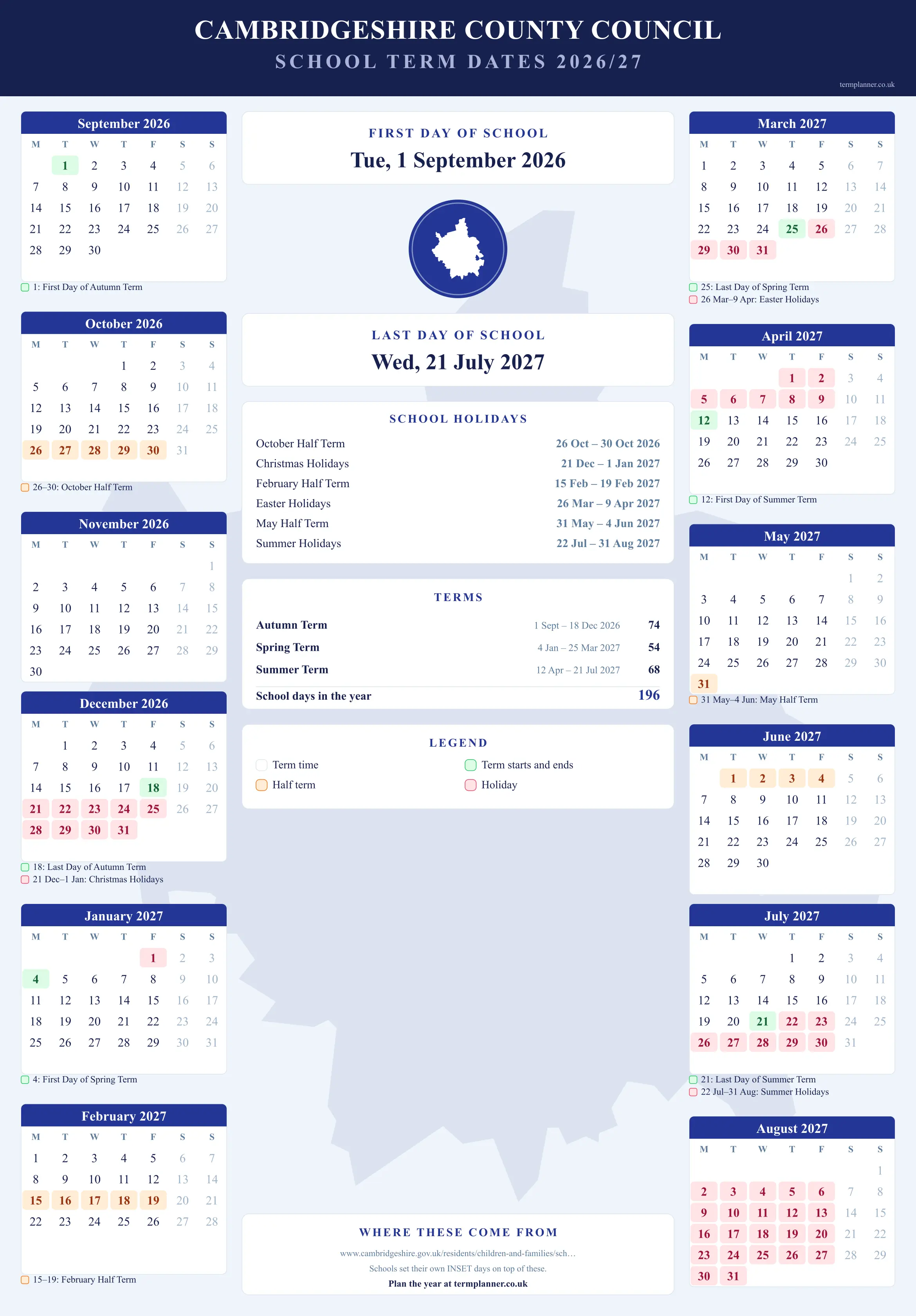 Cambridgeshire County Council’s 2026/27 school year drawn as a wall calendar: all twelve months from September to August, with autumn term 1 September to 18 December 2026, spring term 4 January to 25 March 2027, summer term 12 April to 21 July 2027. Half terms, holidays and bank holidays are shaded, and each month's dates listed underneath it in words.