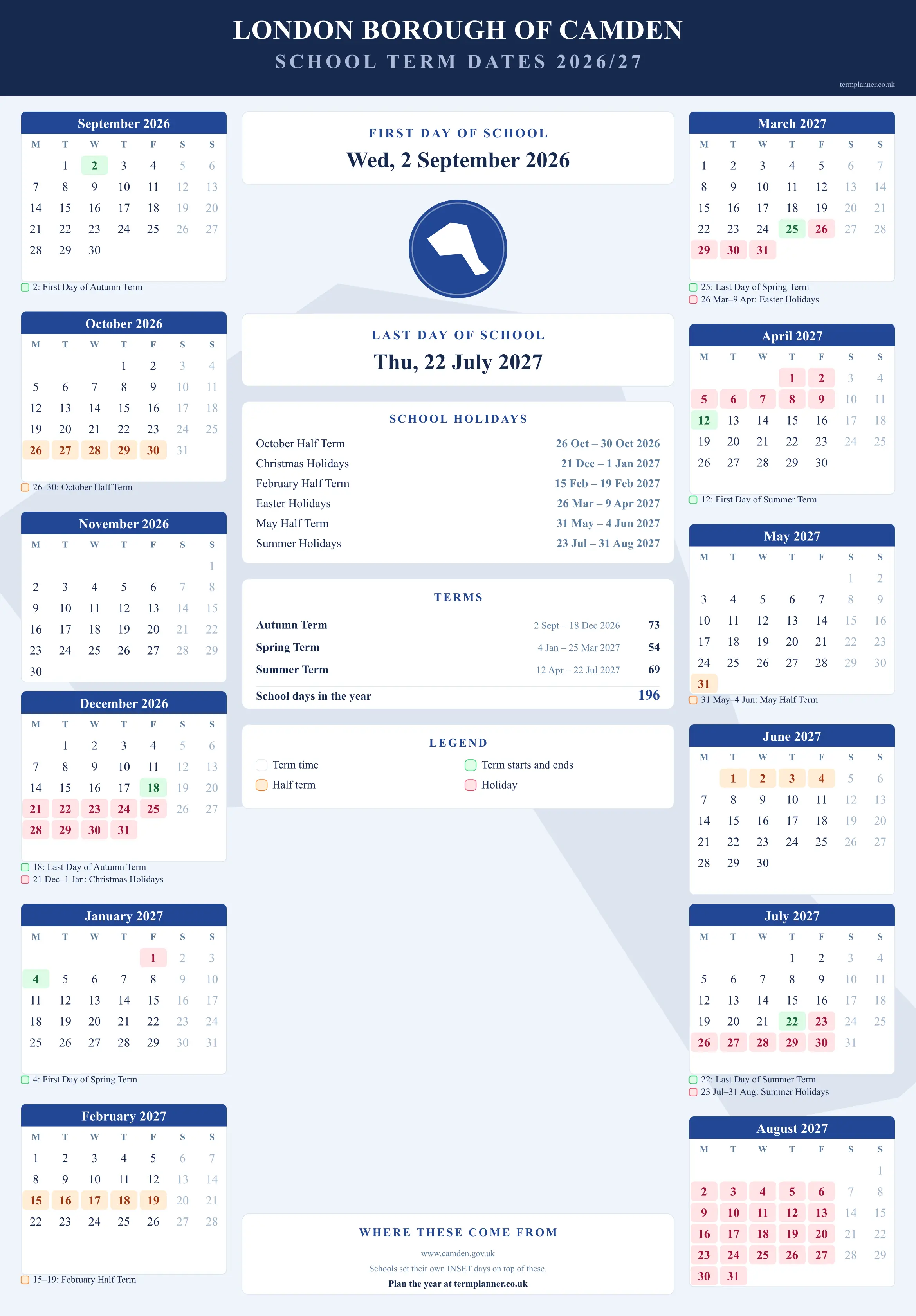 London Borough of Camden’s 2026/27 school year drawn as a wall calendar: all twelve months from September to August, with autumn term 2 September to 18 December 2026, spring term 4 January to 25 March 2027, summer term 12 April to 22 July 2027. Half terms, holidays and bank holidays are shaded, and each month's dates listed underneath it in words.