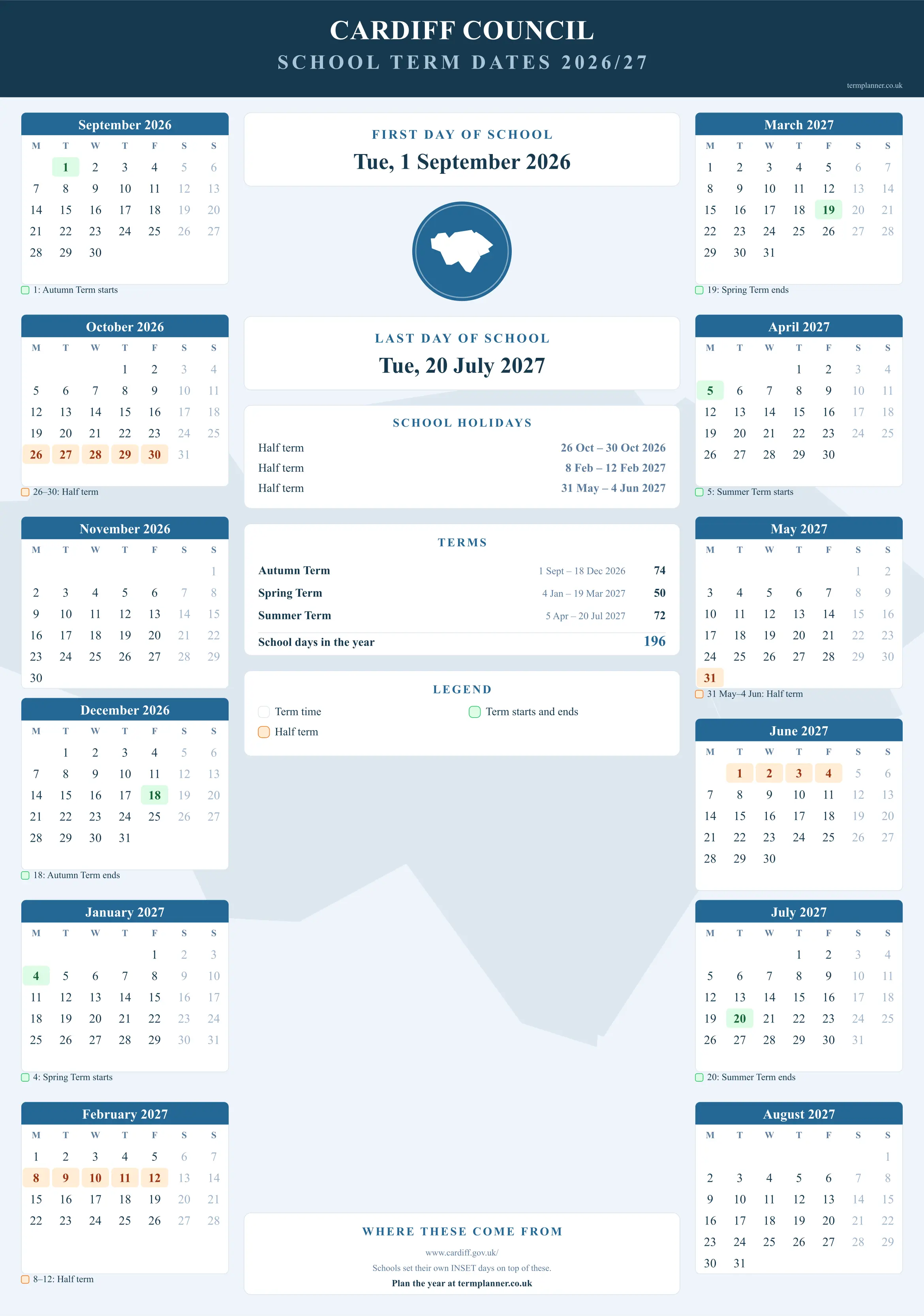 Cardiff Council’s 2026/27 school year drawn as a wall calendar: all twelve months from September to August, with autumn term 1 September to 18 December 2026, spring term 4 January to 19 March 2027, summer term 5 April to 20 July 2027. Half terms, holidays and bank holidays are shaded, and each month's dates listed underneath it in words.