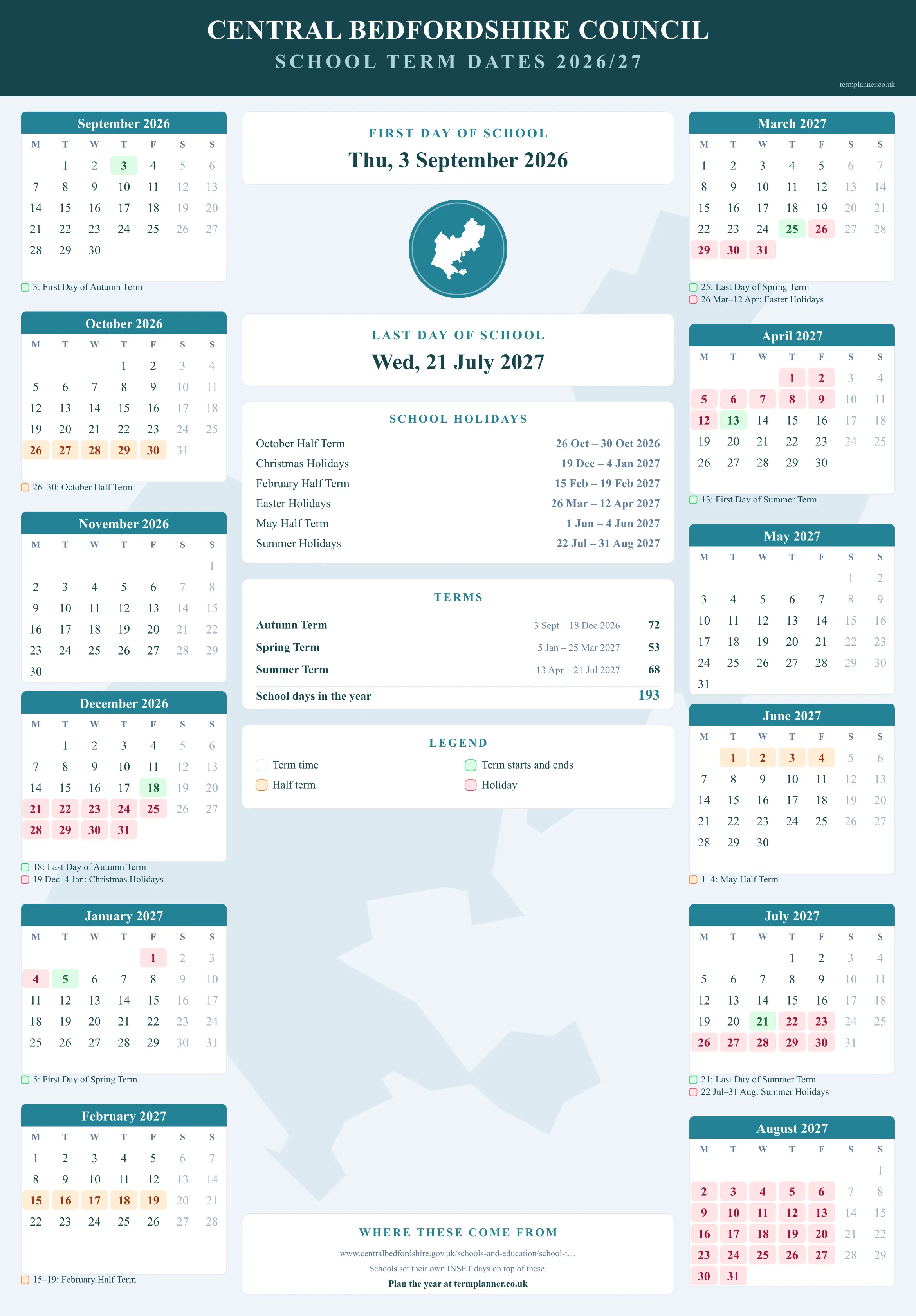 Central Bedfordshire Council’s 2026/27 school year drawn as a wall calendar: all twelve months from September to August, with autumn term 3 September to 18 December 2026, spring term 5 January to 25 March 2027, summer term 13 April to 21 July 2027. Half terms, holidays and bank holidays are shaded, and each month's dates listed underneath it in words.