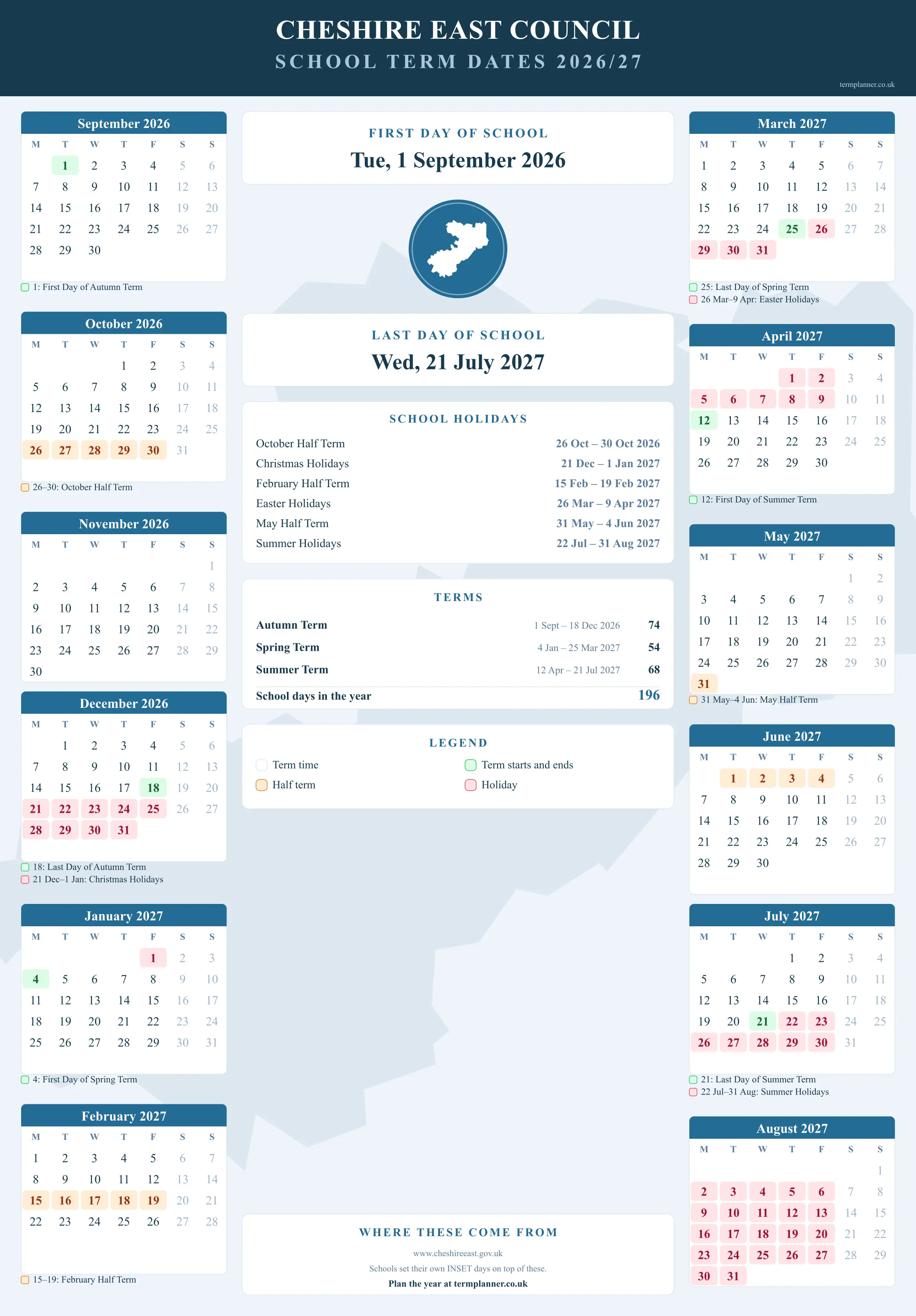 Cheshire East Council’s 2026/27 school year drawn as a wall calendar: all twelve months from September to August, with autumn term 1 September to 18 December 2026, spring term 4 January to 25 March 2027, summer term 12 April to 21 July 2027. Half terms, holidays and bank holidays are shaded, and each month's dates listed underneath it in words.