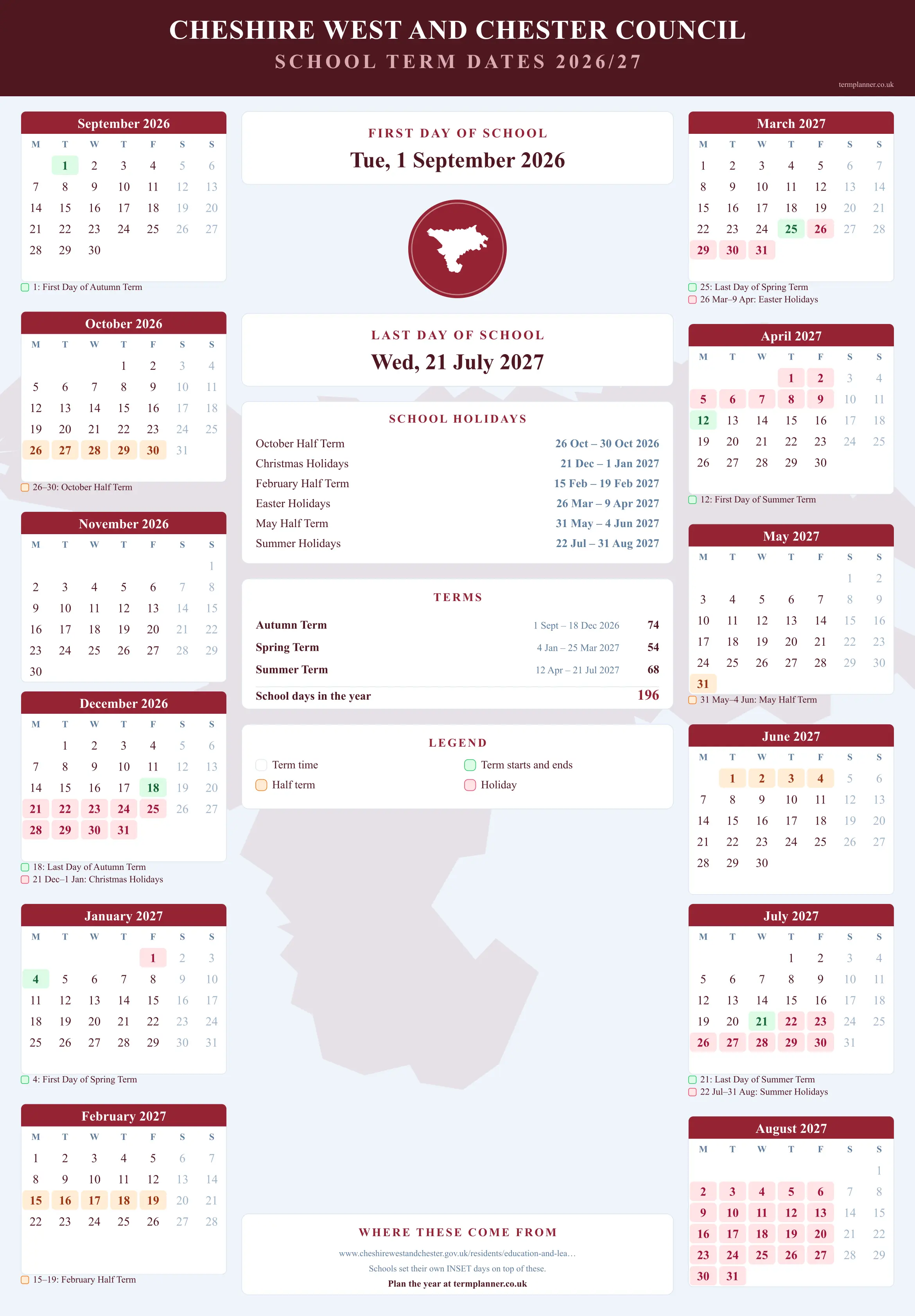 Cheshire West and Chester Council’s 2026/27 school year drawn as a wall calendar: all twelve months from September to August, with autumn term 1 September to 18 December 2026, spring term 4 January to 25 March 2027, summer term 12 April to 21 July 2027. Half terms, holidays and bank holidays are shaded, and each month's dates listed underneath it in words.