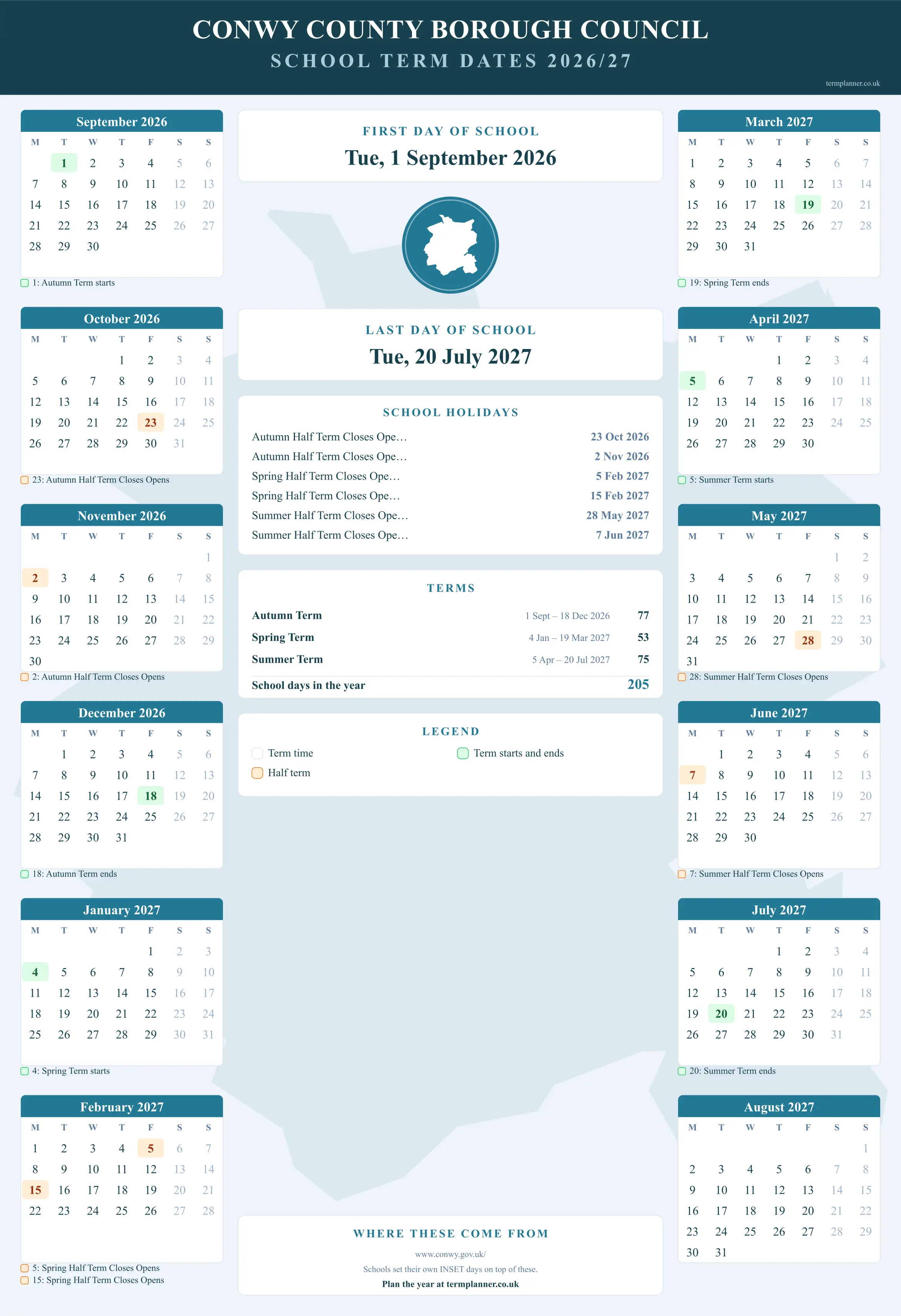 Conwy County Borough Council’s 2026/27 school year drawn as a wall calendar: all twelve months from September to August, with autumn term 1 September to 18 December 2026, spring term 4 January to 19 March 2027, summer term 5 April to 20 July 2027. Half terms, holidays and bank holidays are shaded, and each month's dates listed underneath it in words.