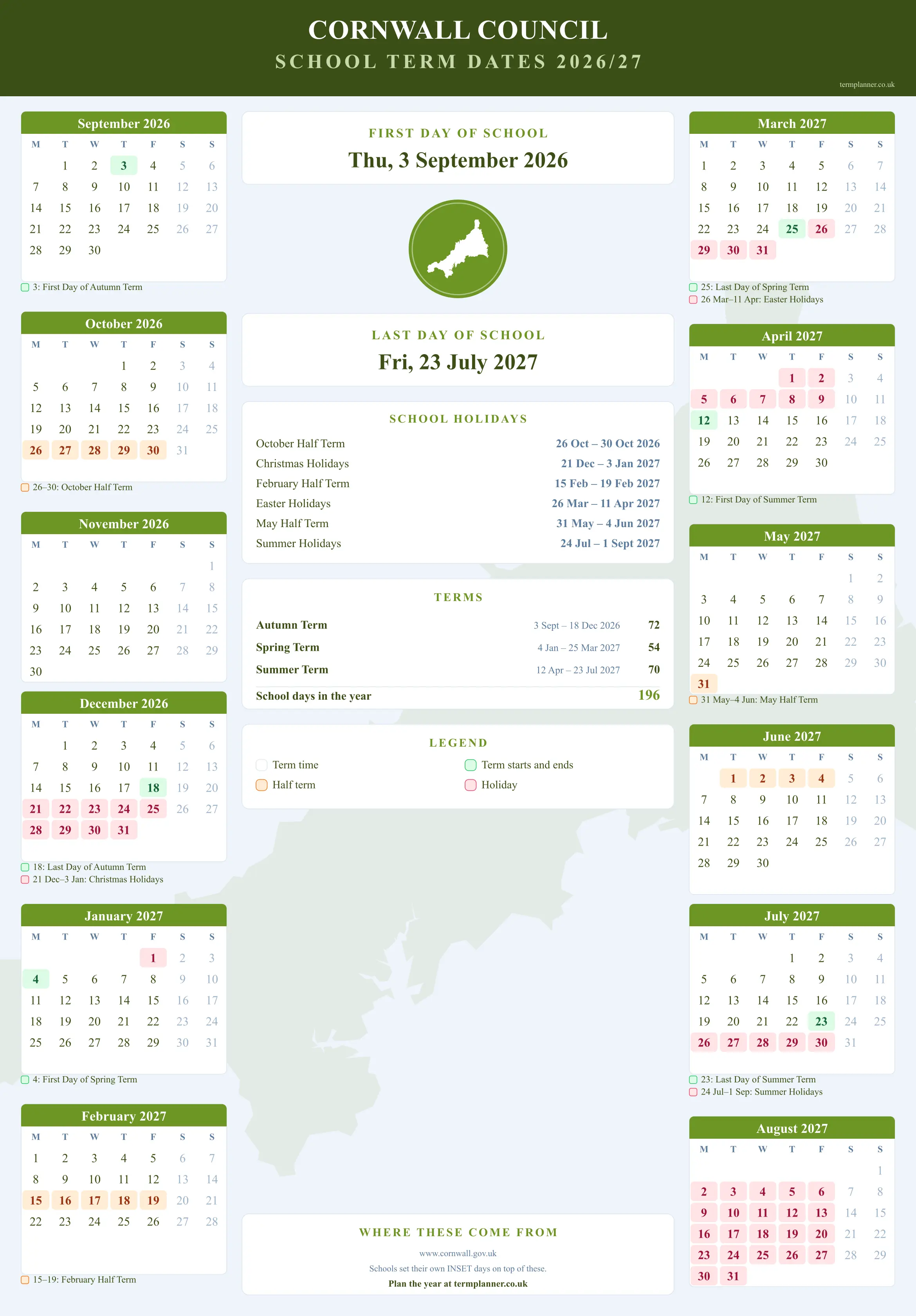 Cornwall Council’s 2026/27 school year drawn as a wall calendar: all twelve months from September to August, with autumn term 3 September to 18 December 2026, spring term 4 January to 25 March 2027, summer term 12 April to 23 July 2027. Half terms, holidays and bank holidays are shaded, and each month's dates listed underneath it in words.