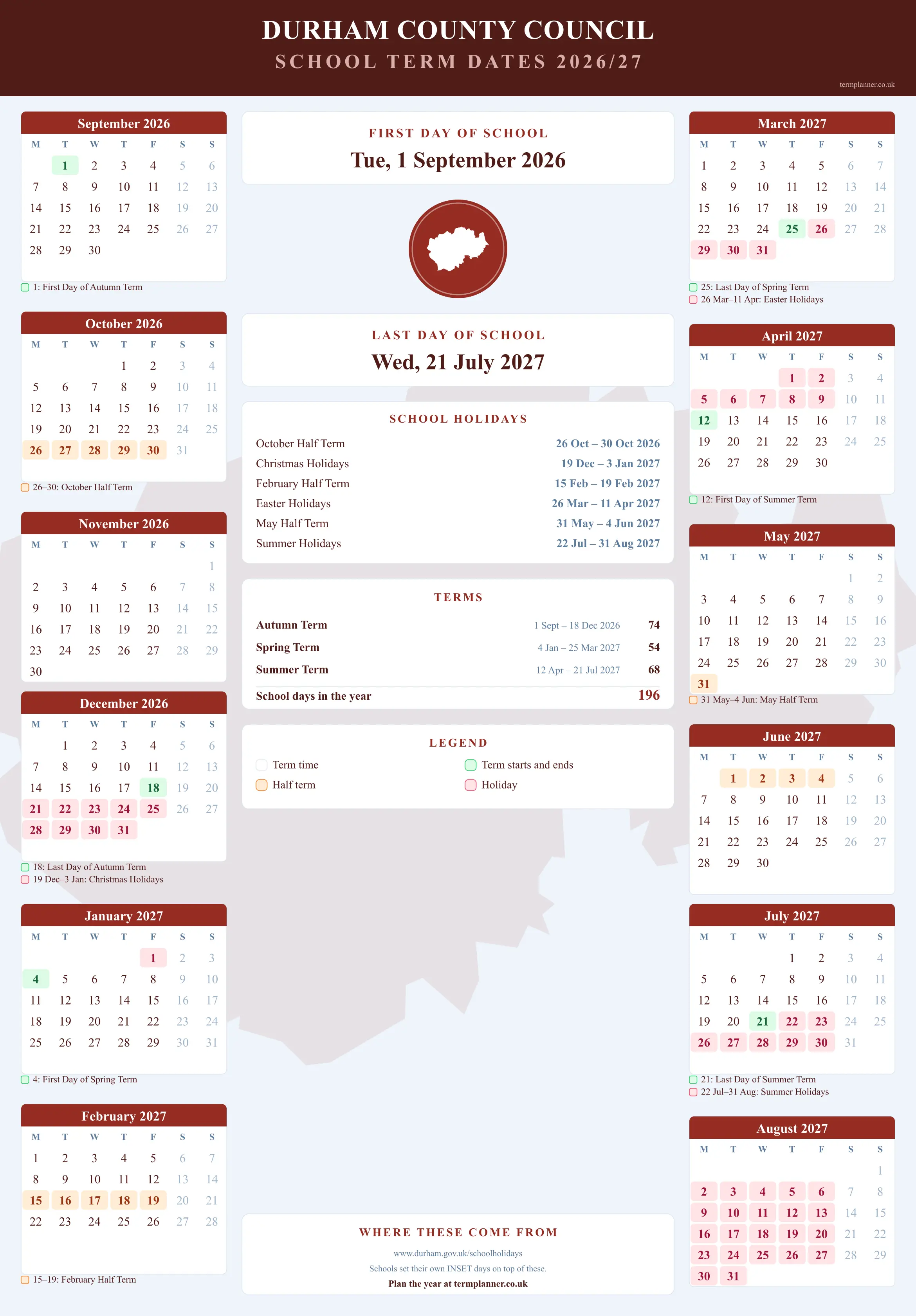 Durham County Council’s 2026/27 school year drawn as a wall calendar: all twelve months from September to August, with autumn term 1 September to 18 December 2026, spring term 4 January to 25 March 2027, summer term 12 April to 21 July 2027. Half terms, holidays and bank holidays are shaded, and each month's dates listed underneath it in words.