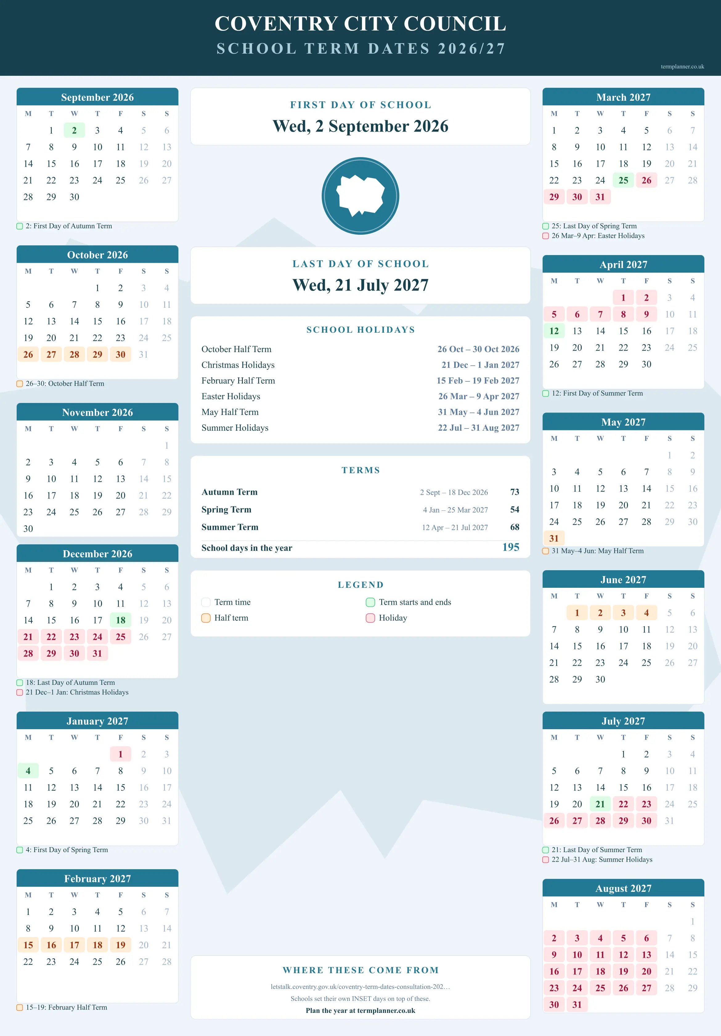 Coventry City Council’s 2026/27 school year drawn as a wall calendar: all twelve months from September to August, with autumn term 2 September to 18 December 2026, spring term 4 January to 25 March 2027, summer term 12 April to 21 July 2027. Half terms, holidays and bank holidays are shaded, and each month's dates listed underneath it in words.