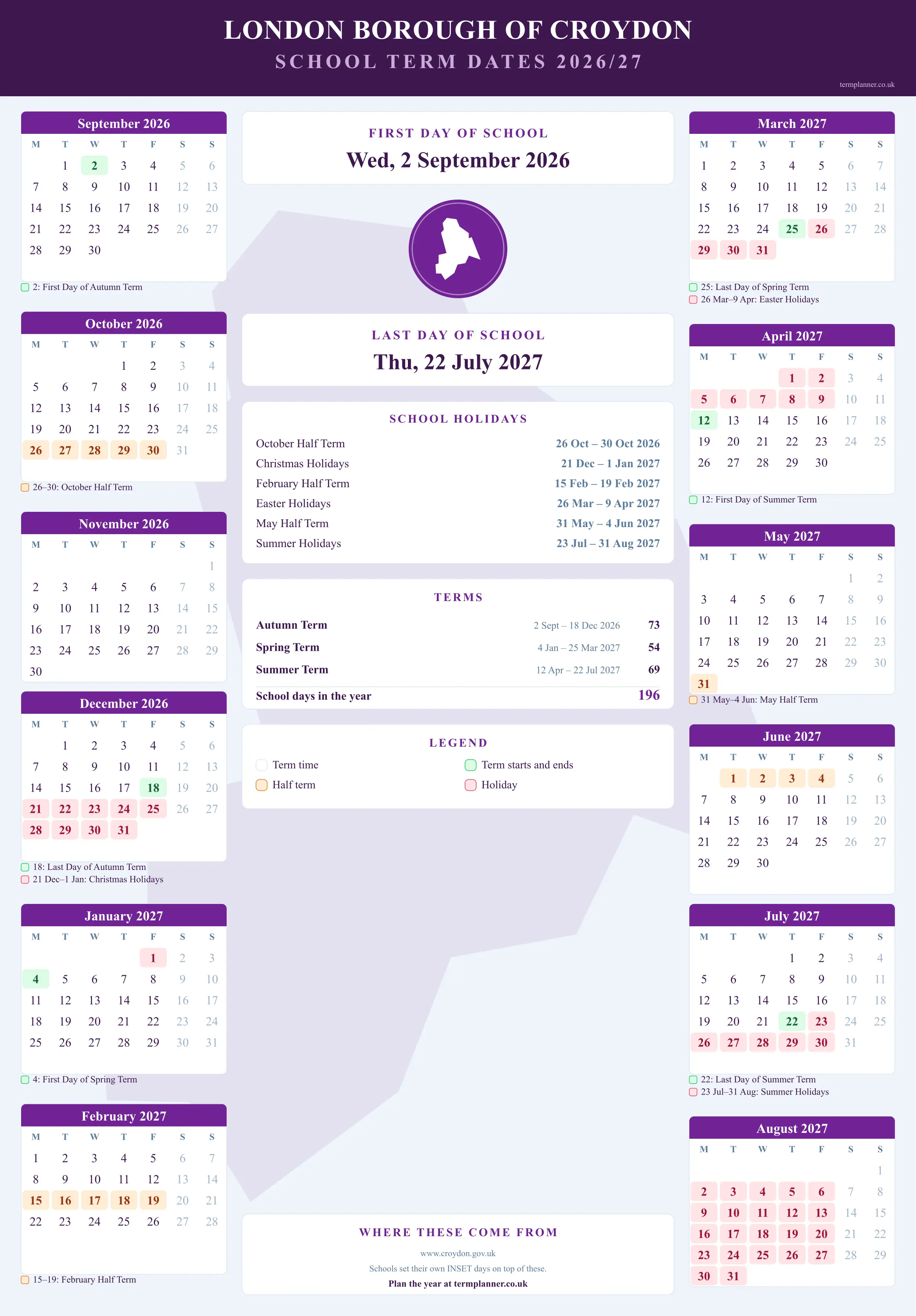 London Borough of Croydon’s 2026/27 school year drawn as a wall calendar: all twelve months from September to August, with autumn term 2 September to 18 December 2026, spring term 4 January to 25 March 2027, summer term 12 April to 22 July 2027. Half terms, holidays and bank holidays are shaded, and each month's dates listed underneath it in words.