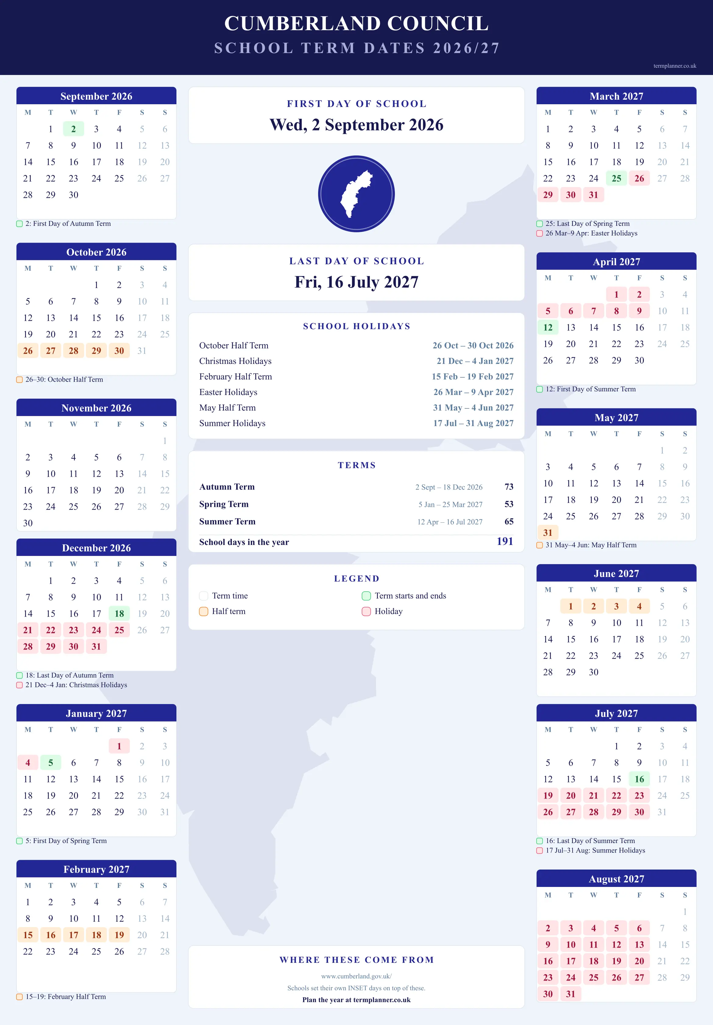 Cumberland Council’s 2026/27 school year drawn as a wall calendar: all twelve months from September to August, with autumn term 2 September to 18 December 2026, spring term 5 January to 25 March 2027, summer term 12 April to 16 July 2027. Half terms, holidays and bank holidays are shaded, and each month's dates listed underneath it in words.