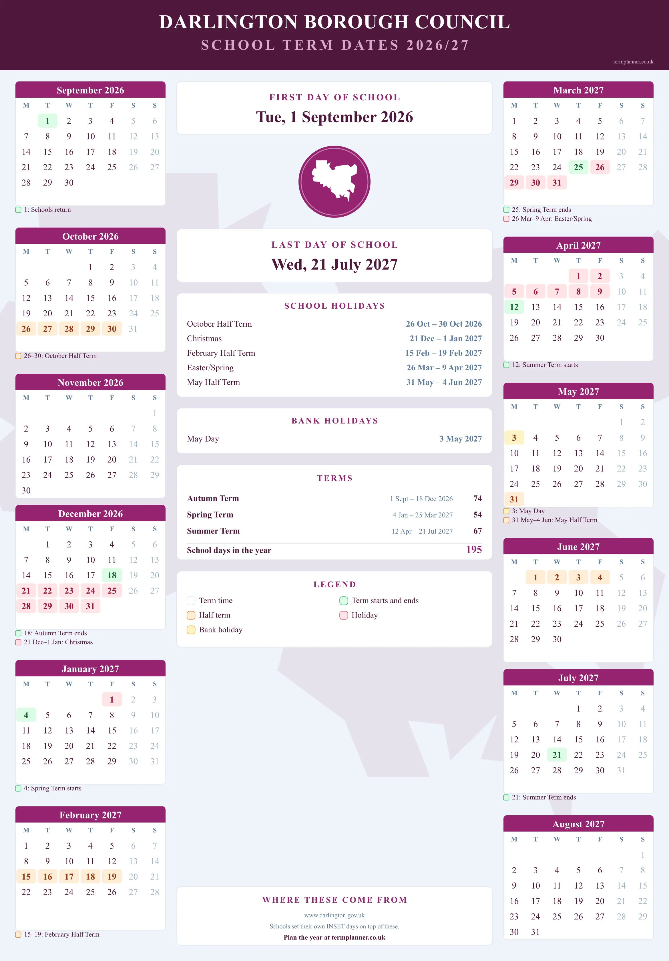 Darlington Borough Council’s 2026/27 school year drawn as a wall calendar: all twelve months from September to August, with autumn term 1 September to 18 December 2026, spring term 4 January to 25 March 2027, summer term 12 April to 21 July 2027. Half terms, holidays and bank holidays are shaded, and each month's dates listed underneath it in words.
