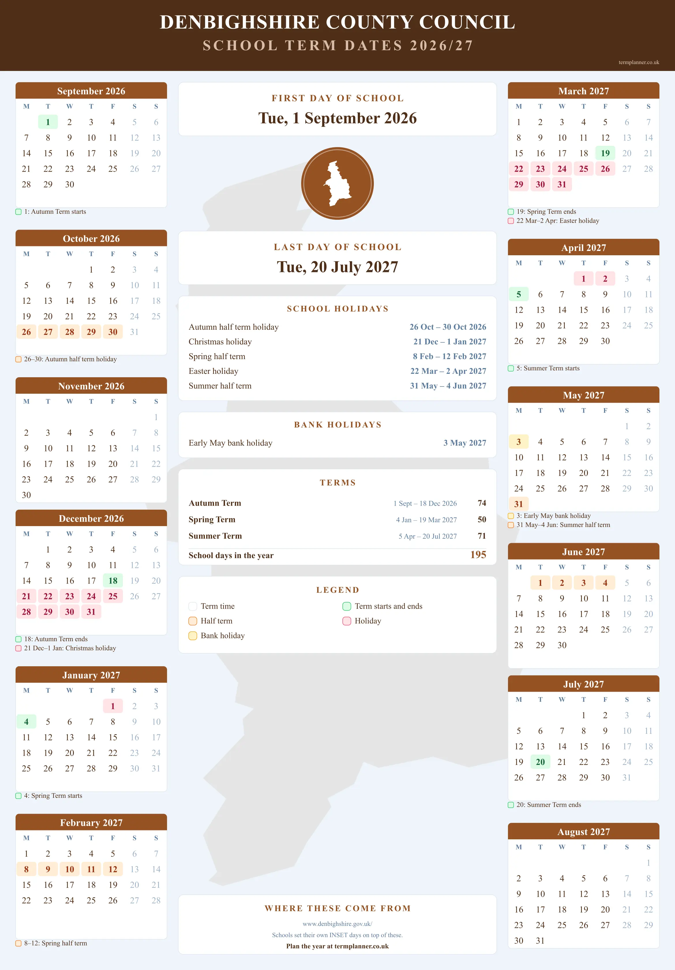 Denbighshire County Council’s 2026/27 school year drawn as a wall calendar: all twelve months from September to August, with autumn term 1 September to 18 December 2026, spring term 4 January to 19 March 2027, summer term 5 April to 20 July 2027. Half terms, holidays and bank holidays are shaded, and each month's dates listed underneath it in words.