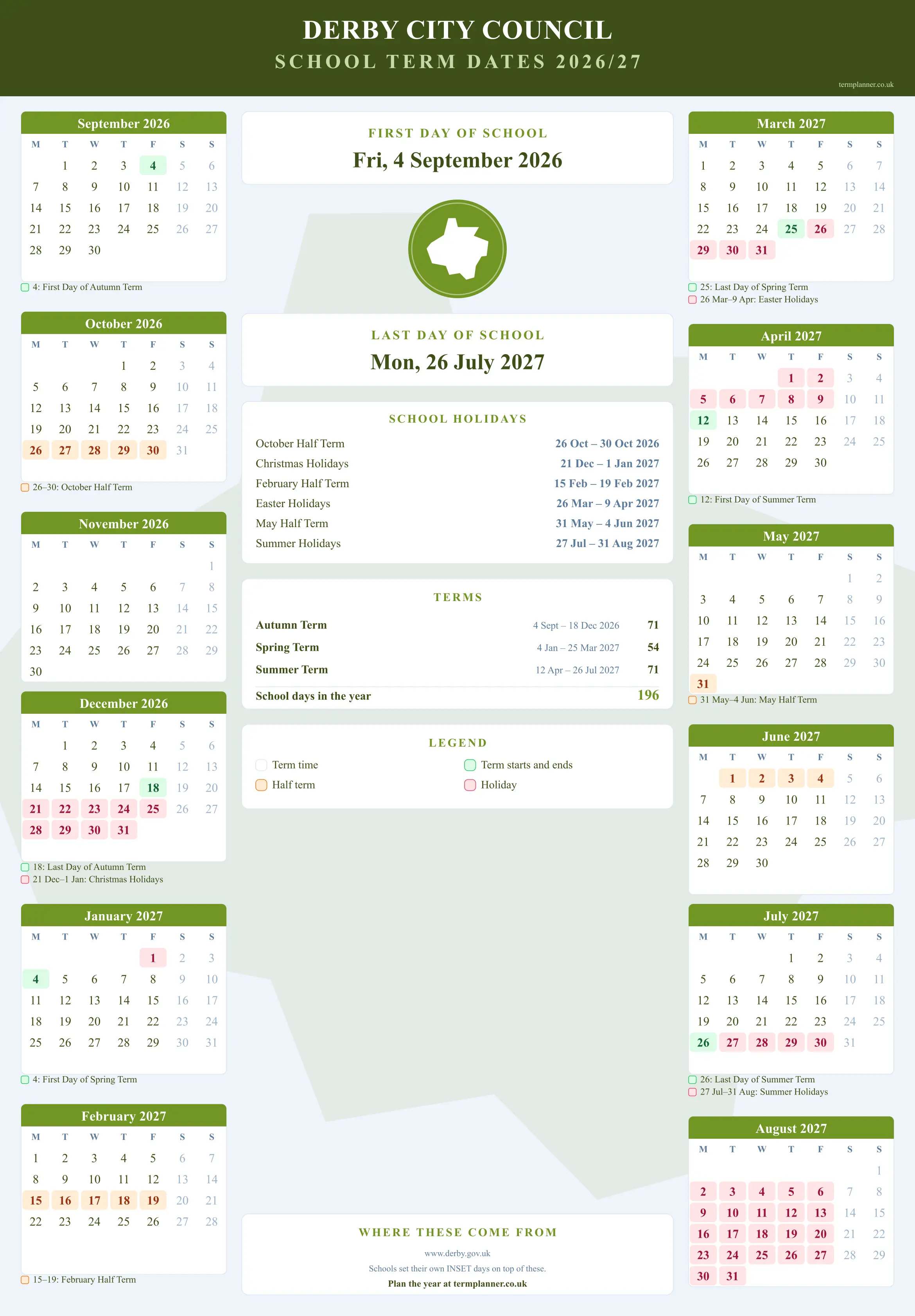 Derby City Council’s 2026/27 school year drawn as a wall calendar: all twelve months from September to August, with autumn term 4 September to 18 December 2026, spring term 4 January to 25 March 2027, summer term 12 April to 26 July 2027. Half terms, holidays and bank holidays are shaded, and each month's dates listed underneath it in words.
