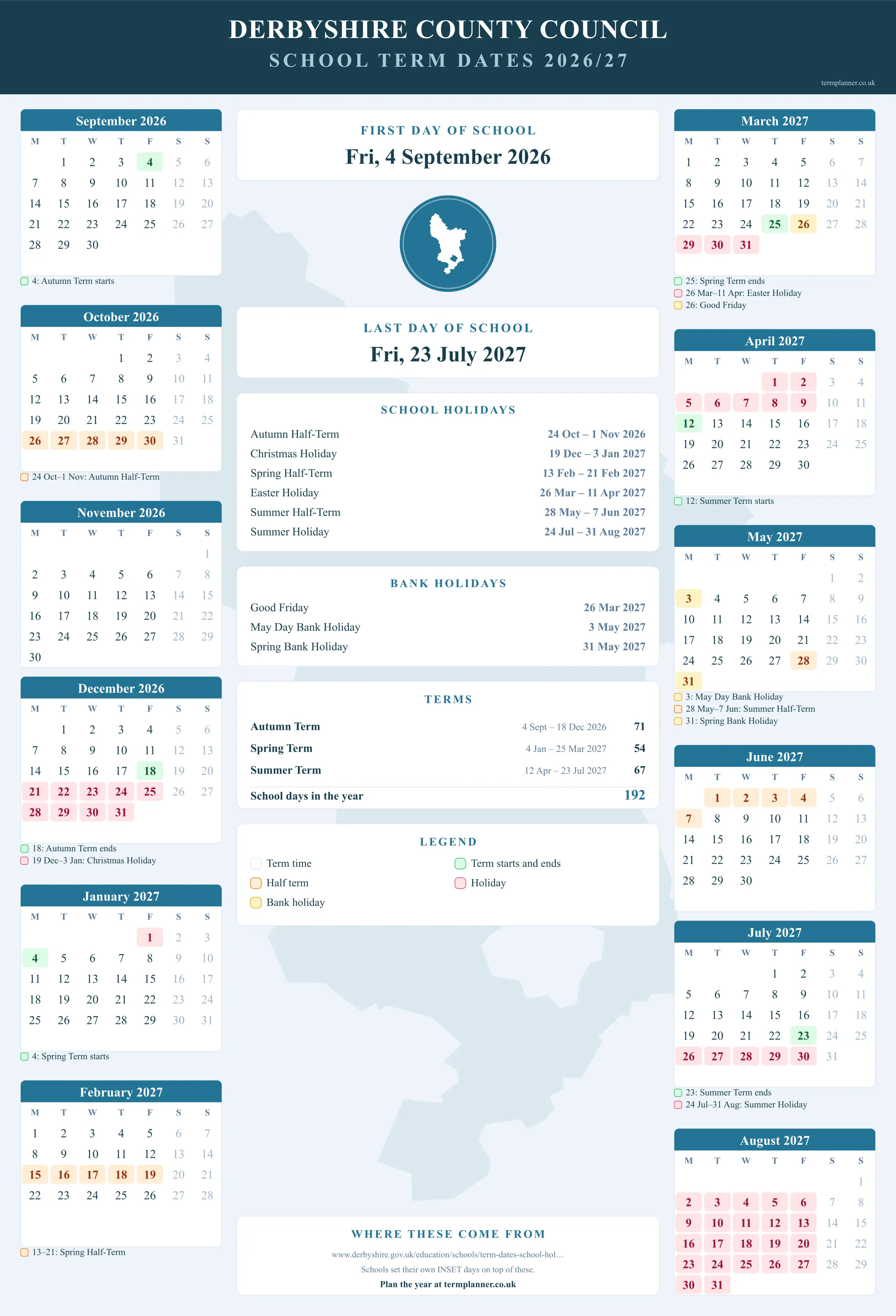 Derbyshire County Council’s 2026/27 school year drawn as a wall calendar: all twelve months from September to August, with autumn term 4 September to 18 December 2026, spring term 4 January to 25 March 2027, summer term 12 April to 23 July 2027. Half terms, holidays and bank holidays are shaded, and each month's dates listed underneath it in words.