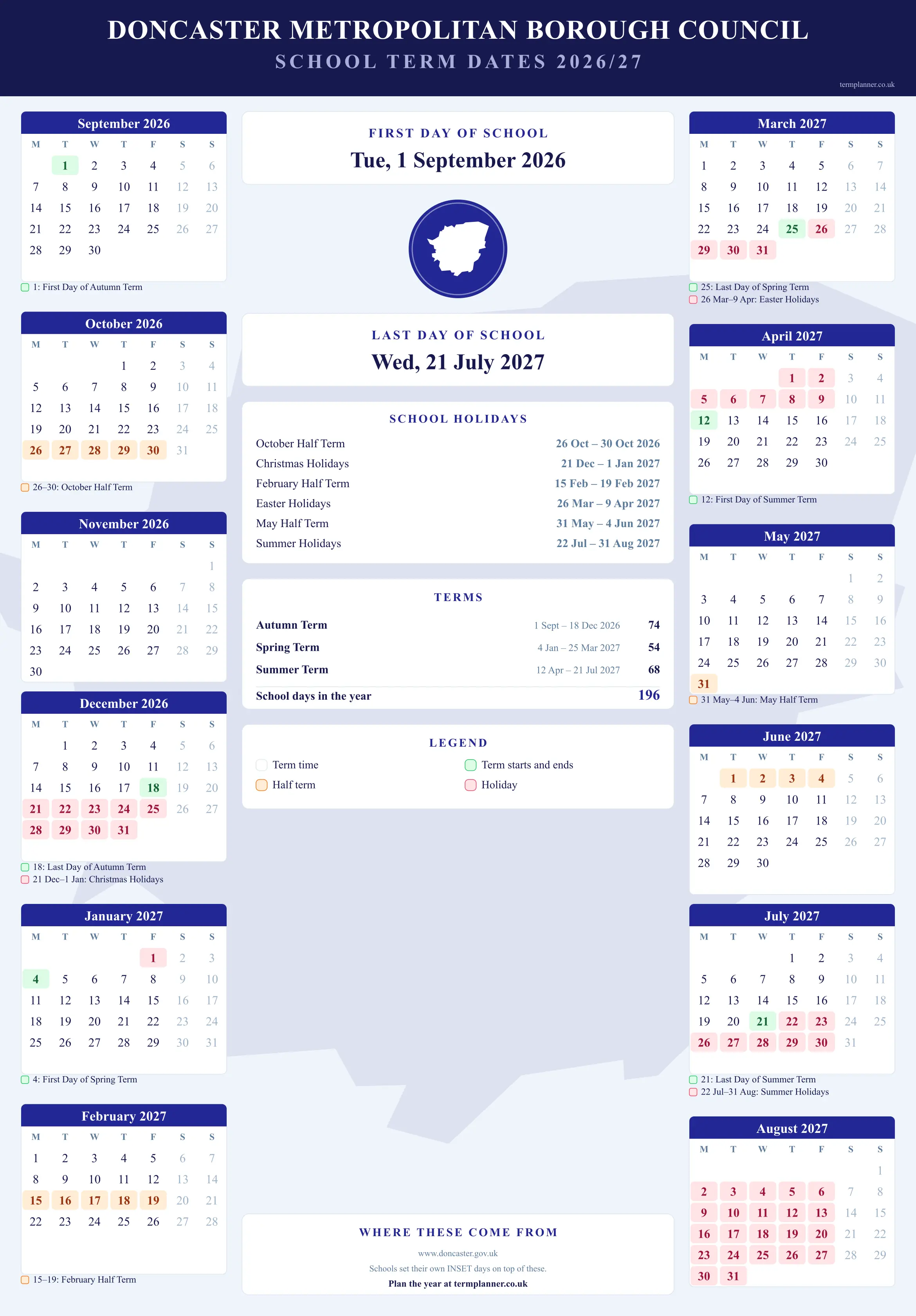 Doncaster Metropolitan Borough Council’s 2026/27 school year drawn as a wall calendar: all twelve months from September to August, with autumn term 1 September to 18 December 2026, spring term 4 January to 25 March 2027, summer term 12 April to 21 July 2027. Half terms, holidays and bank holidays are shaded, and each month's dates listed underneath it in words.