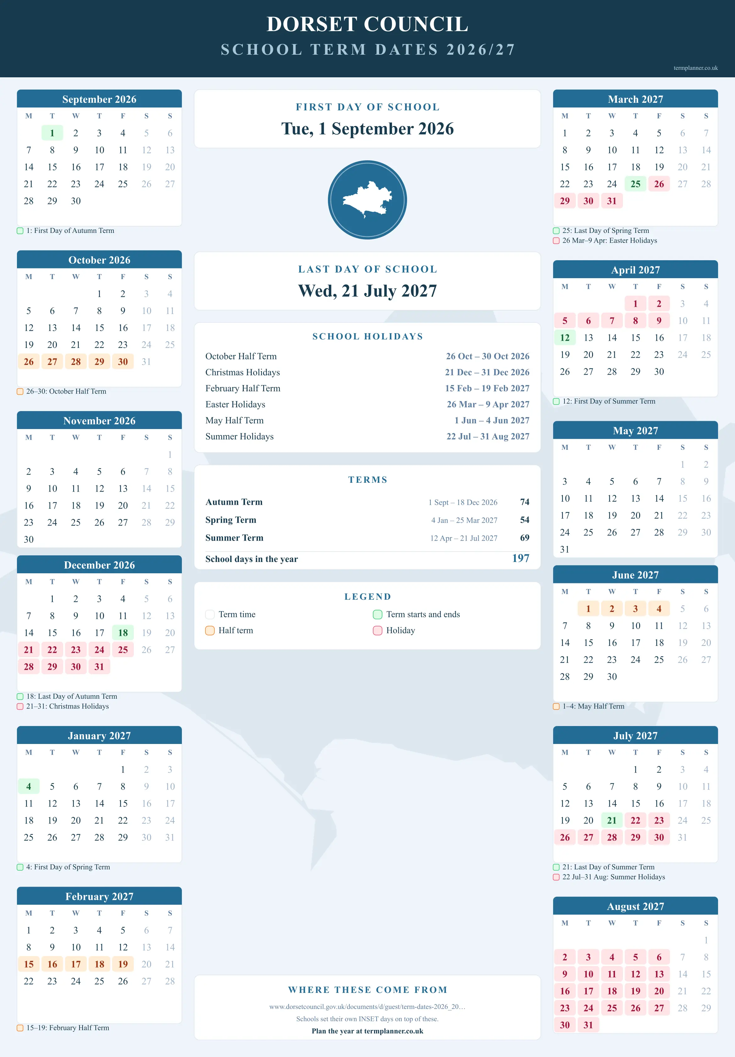 Dorset Council’s 2026/27 school year drawn as a wall calendar: all twelve months from September to August, with autumn term 1 September to 18 December 2026, spring term 4 January to 25 March 2027, summer term 12 April to 21 July 2027. Half terms, holidays and bank holidays are shaded, and each month's dates listed underneath it in words.
