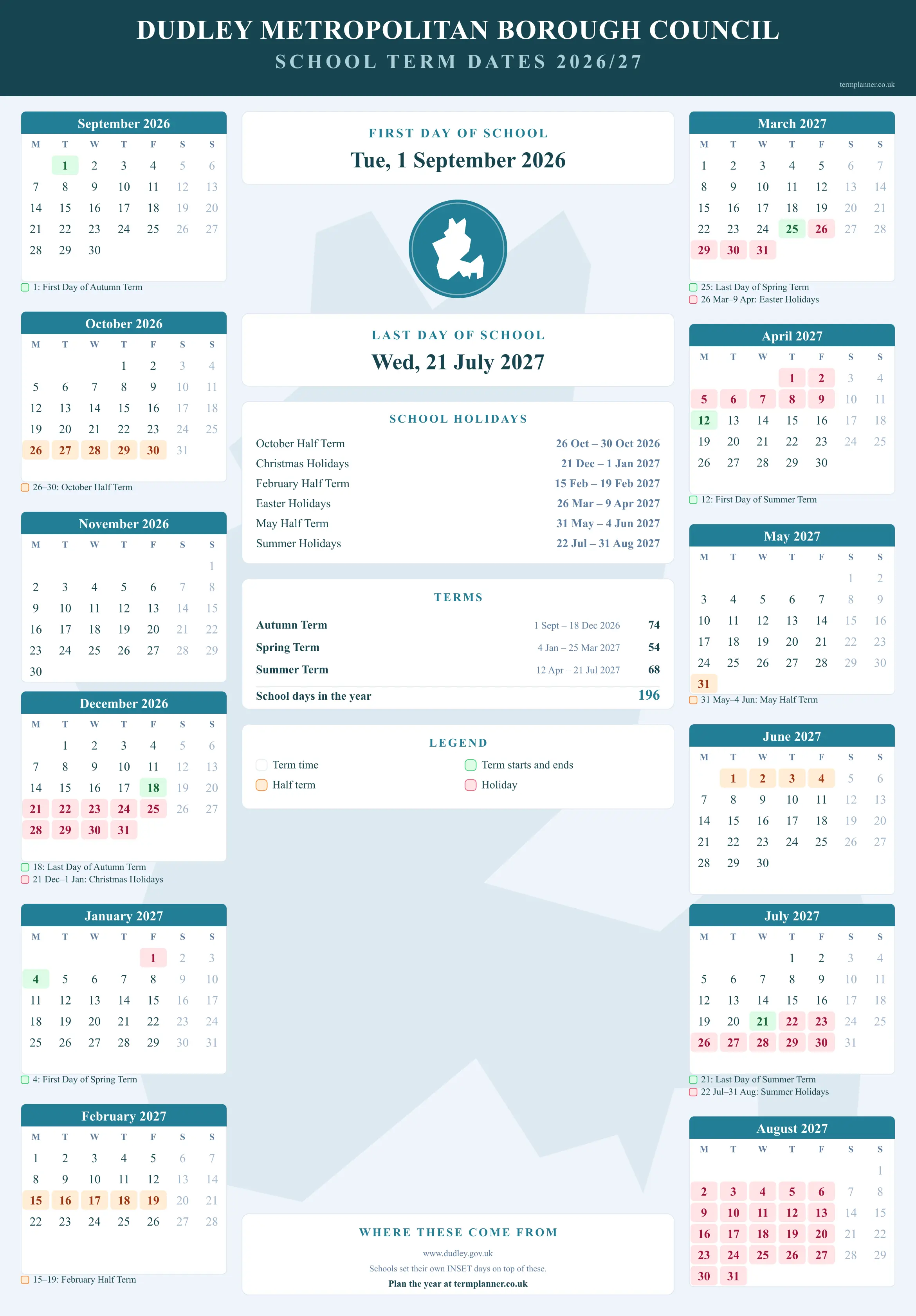 Dudley Metropolitan Borough Council’s 2026/27 school year drawn as a wall calendar: all twelve months from September to August, with autumn term 1 September to 18 December 2026, spring term 4 January to 25 March 2027, summer term 12 April to 21 July 2027. Half terms, holidays and bank holidays are shaded, and each month's dates listed underneath it in words.