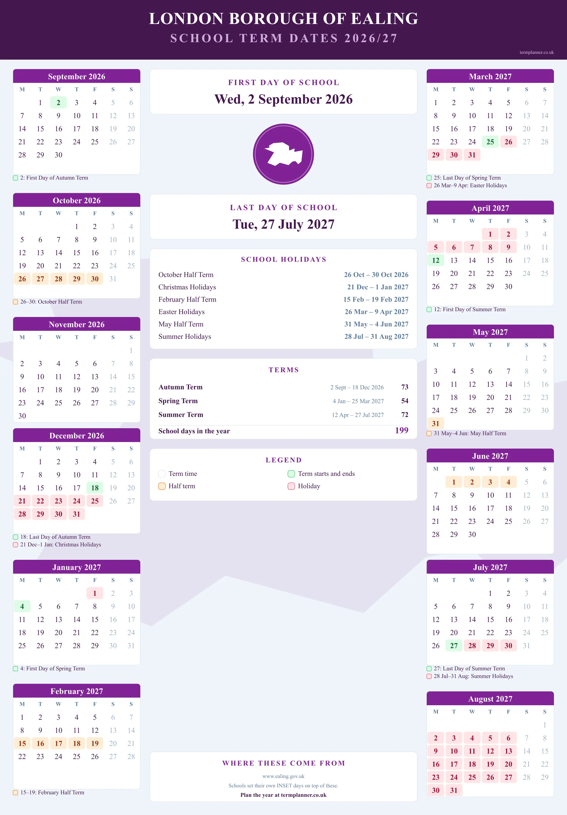 London Borough of Ealing’s 2026/27 school year drawn as a wall calendar: all twelve months from September to August, with autumn term 2 September to 18 December 2026, spring term 4 January to 25 March 2027, summer term 12 April to 27 July 2027. Half terms, holidays and bank holidays are shaded, and each month's dates listed underneath it in words.