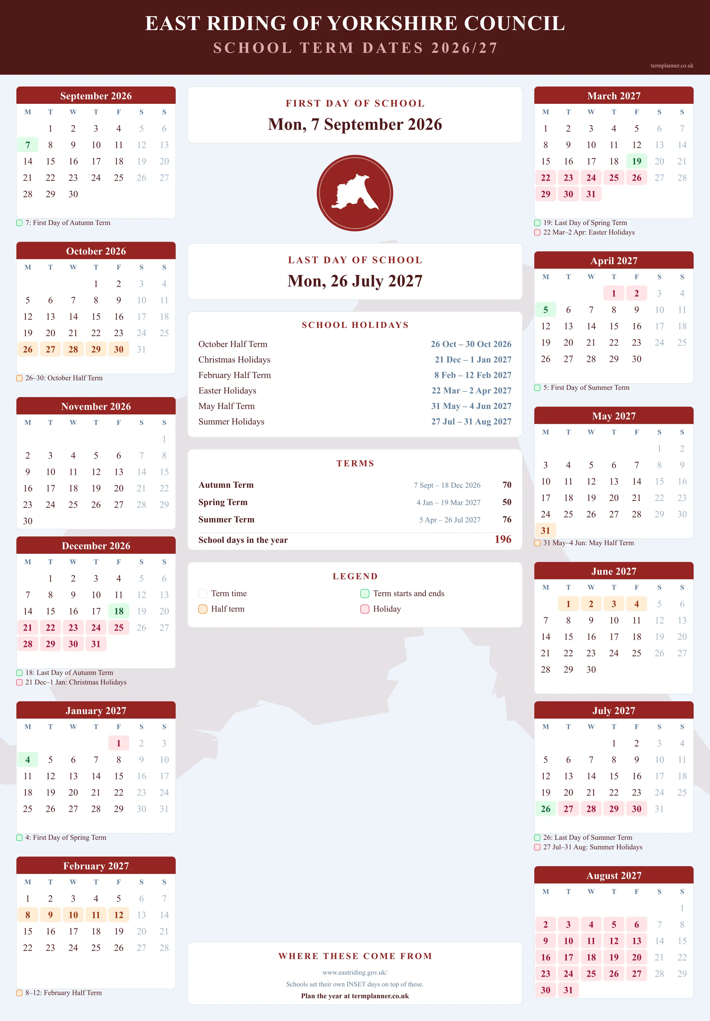 East Riding of Yorkshire Council’s 2026/27 school year drawn as a wall calendar: all twelve months from September to August, with autumn term 7 September to 18 December 2026, spring term 4 January to 19 March 2027, summer term 5 April to 26 July 2027. Half terms, holidays and bank holidays are shaded, and each month's dates listed underneath it in words.