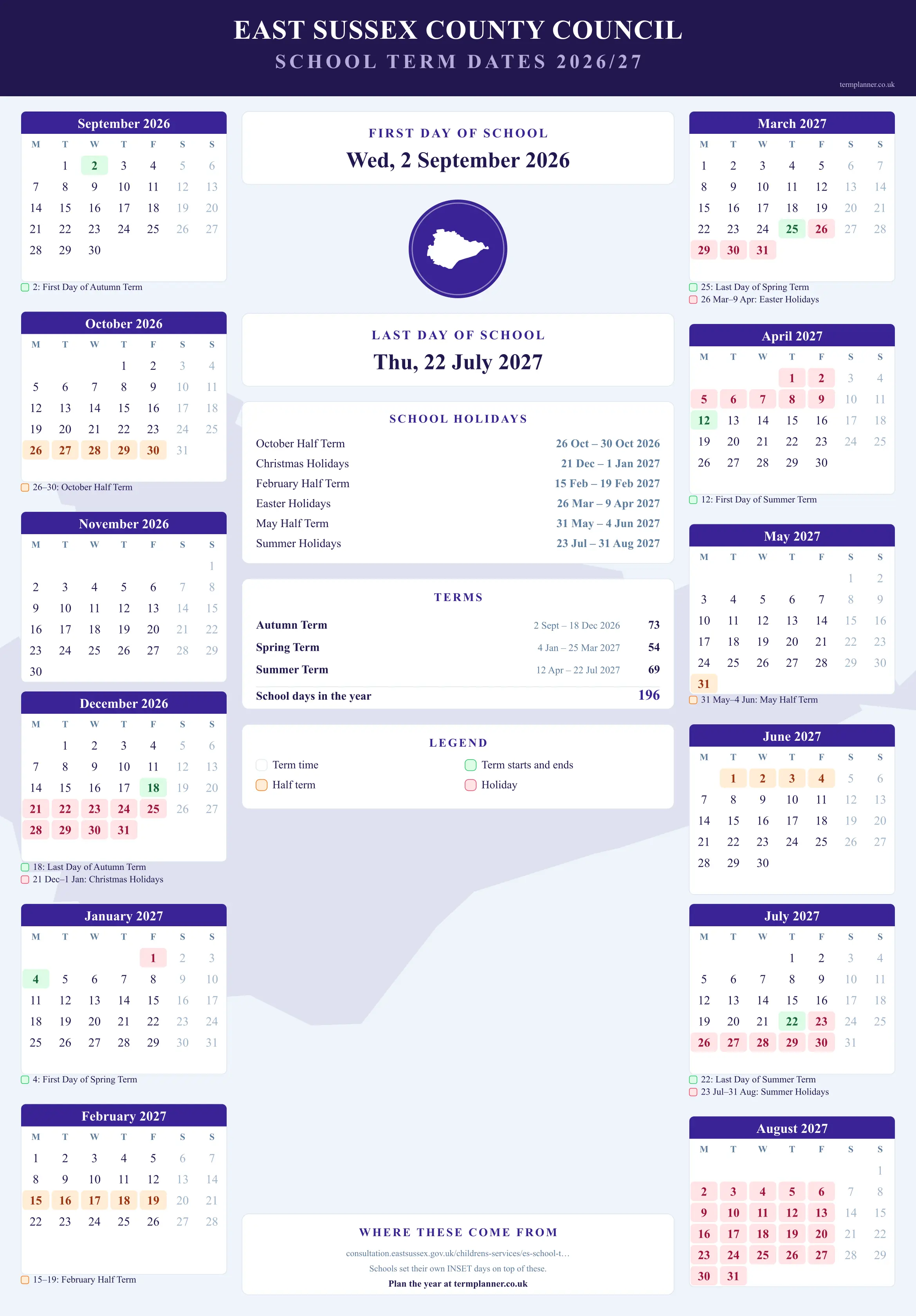 East Sussex County Council’s 2026/27 school year drawn as a wall calendar: all twelve months from September to August, with autumn term 2 September to 18 December 2026, spring term 4 January to 25 March 2027, summer term 12 April to 22 July 2027. Half terms, holidays and bank holidays are shaded, and each month's dates listed underneath it in words.