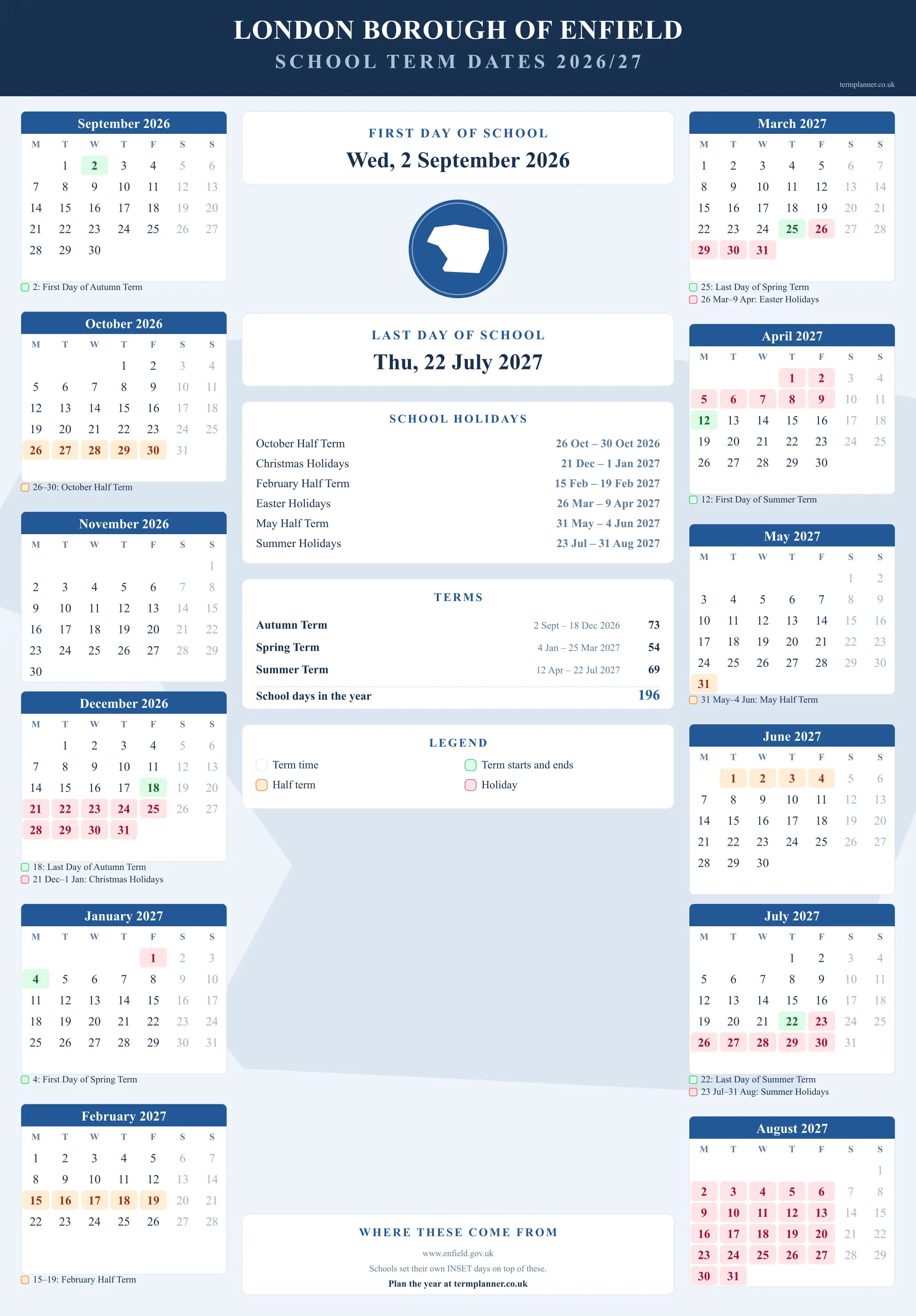London Borough of Enfield’s 2026/27 school year drawn as a wall calendar: all twelve months from September to August, with autumn term 2 September to 18 December 2026, spring term 4 January to 25 March 2027, summer term 12 April to 22 July 2027. Half terms, holidays and bank holidays are shaded, and each month's dates listed underneath it in words.