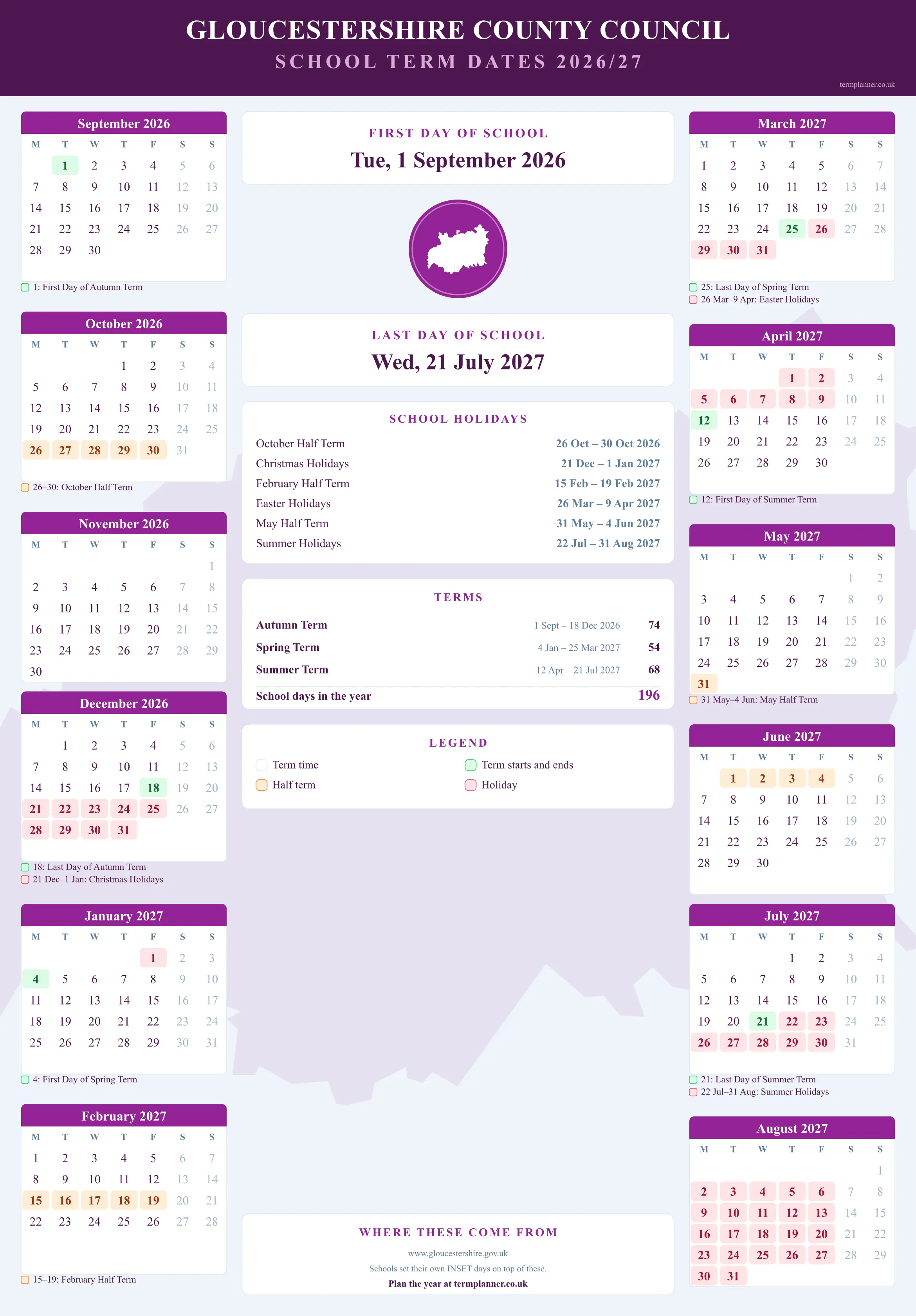 Gloucestershire County Council’s 2026/27 school year drawn as a wall calendar: all twelve months from September to August, with autumn term 1 September to 18 December 2026, spring term 4 January to 25 March 2027, summer term 12 April to 21 July 2027. Half terms, holidays and bank holidays are shaded, and each month's dates listed underneath it in words.