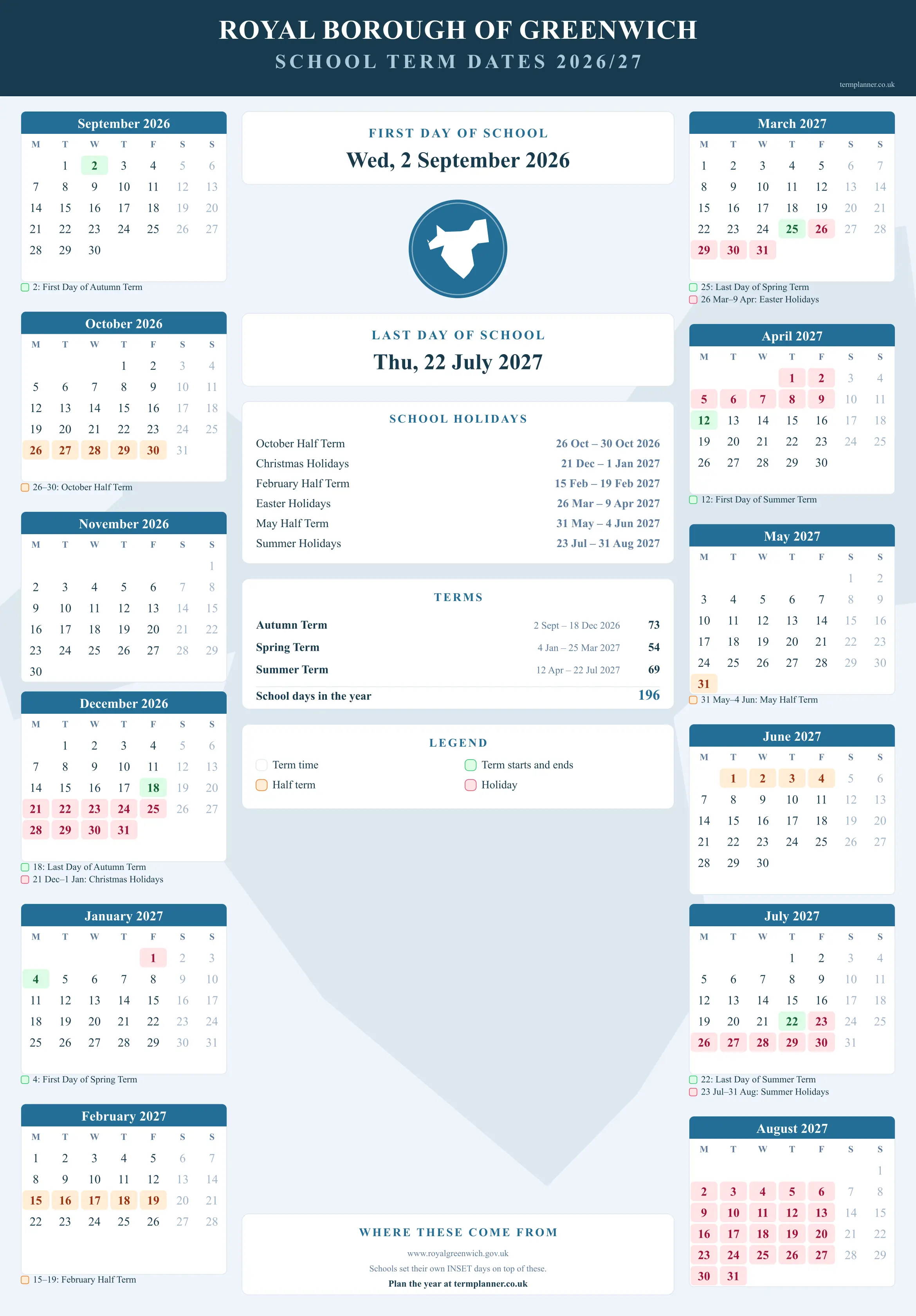 Royal Borough of Greenwich’s 2026/27 school year drawn as a wall calendar: all twelve months from September to August, with autumn term 2 September to 18 December 2026, spring term 4 January to 25 March 2027, summer term 12 April to 22 July 2027. Half terms, holidays and bank holidays are shaded, and each month's dates listed underneath it in words.