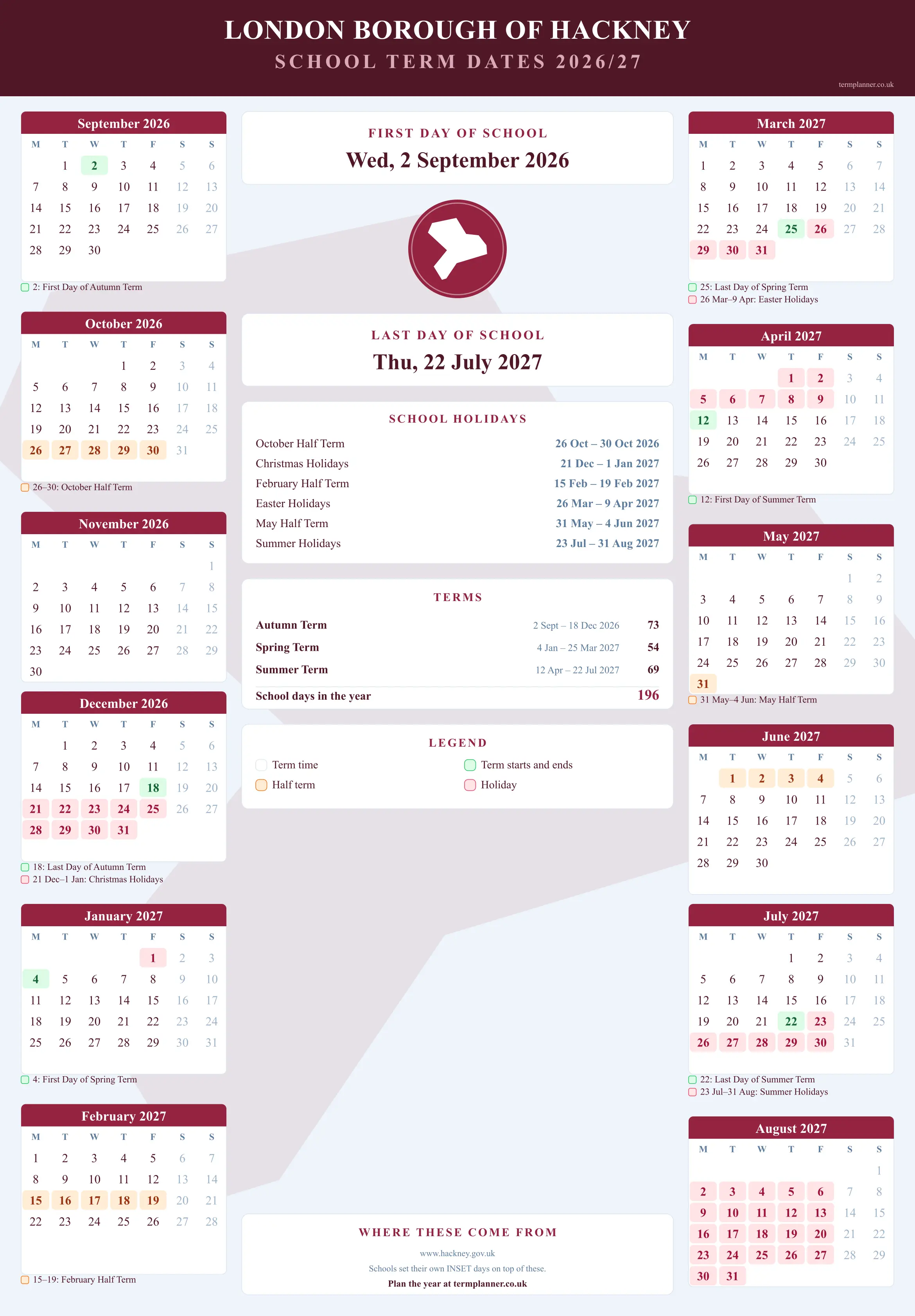 London Borough of Hackney’s 2026/27 school year drawn as a wall calendar: all twelve months from September to August, with autumn term 2 September to 18 December 2026, spring term 4 January to 25 March 2027, summer term 12 April to 22 July 2027. Half terms, holidays and bank holidays are shaded, and each month's dates listed underneath it in words.
