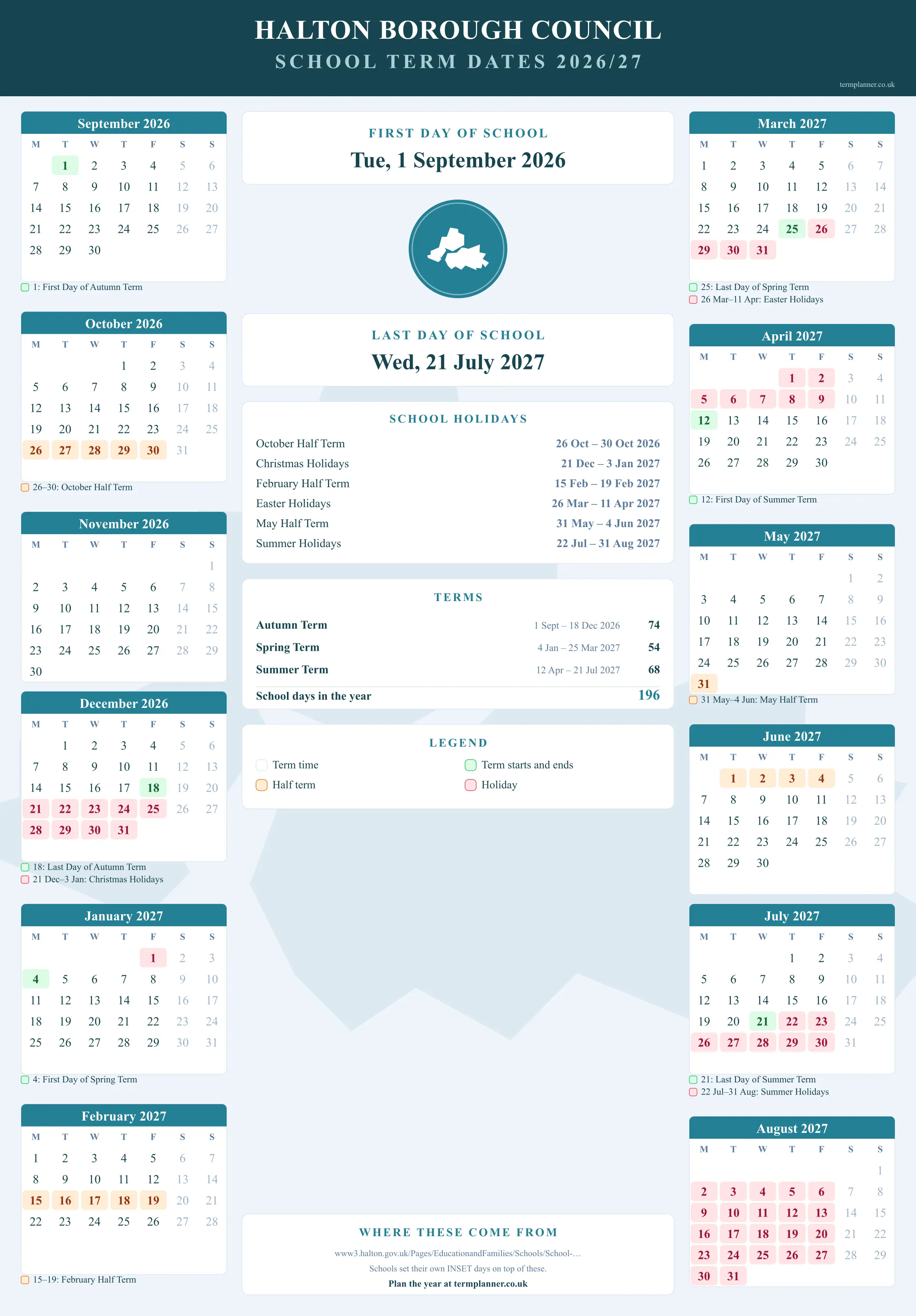 Halton Borough Council’s 2026/27 school year drawn as a wall calendar: all twelve months from September to August, with autumn term 1 September to 18 December 2026, spring term 4 January to 25 March 2027, summer term 12 April to 21 July 2027. Half terms, holidays and bank holidays are shaded, and each month's dates listed underneath it in words.