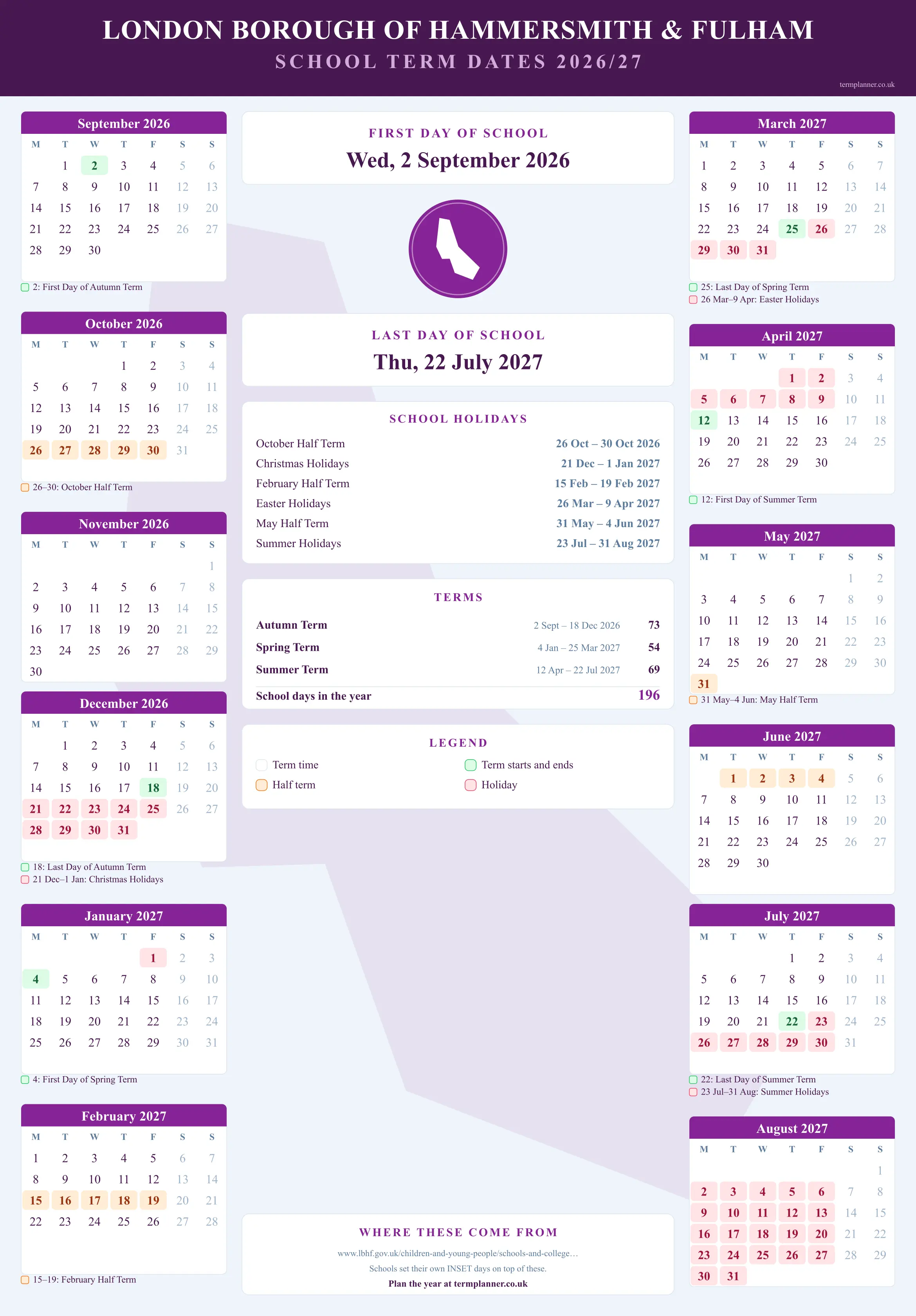 London Borough of Hammersmith & Fulham’s 2026/27 school year drawn as a wall calendar: all twelve months from September to August, with autumn term 2 September to 18 December 2026, spring term 4 January to 25 March 2027, summer term 12 April to 22 July 2027. Half terms, holidays and bank holidays are shaded, and each month's dates listed underneath it in words.