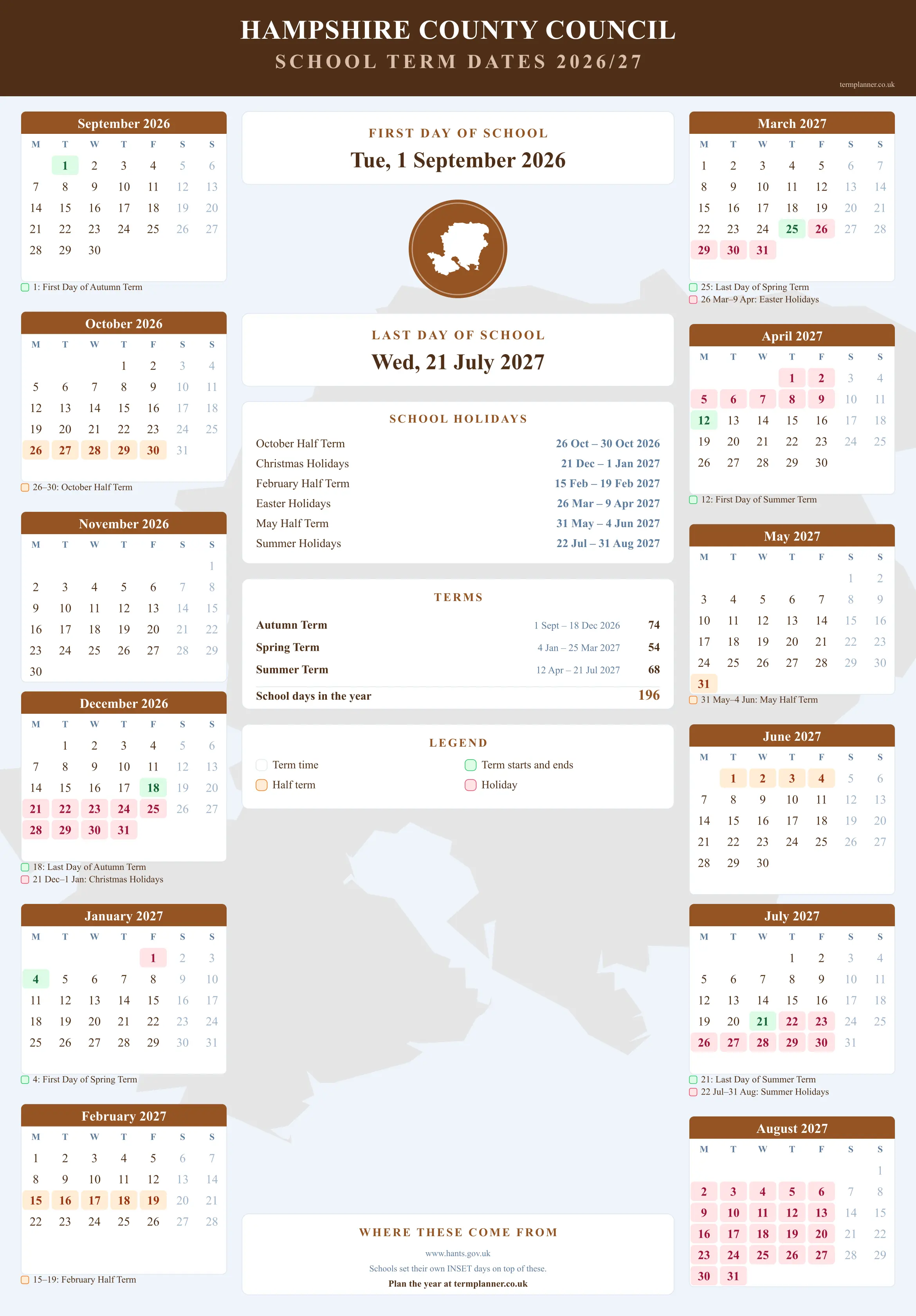 Hampshire County Council’s 2026/27 school year drawn as a wall calendar: all twelve months from September to August, with autumn term 1 September to 18 December 2026, spring term 4 January to 25 March 2027, summer term 12 April to 21 July 2027. Half terms, holidays and bank holidays are shaded, and each month's dates listed underneath it in words.
