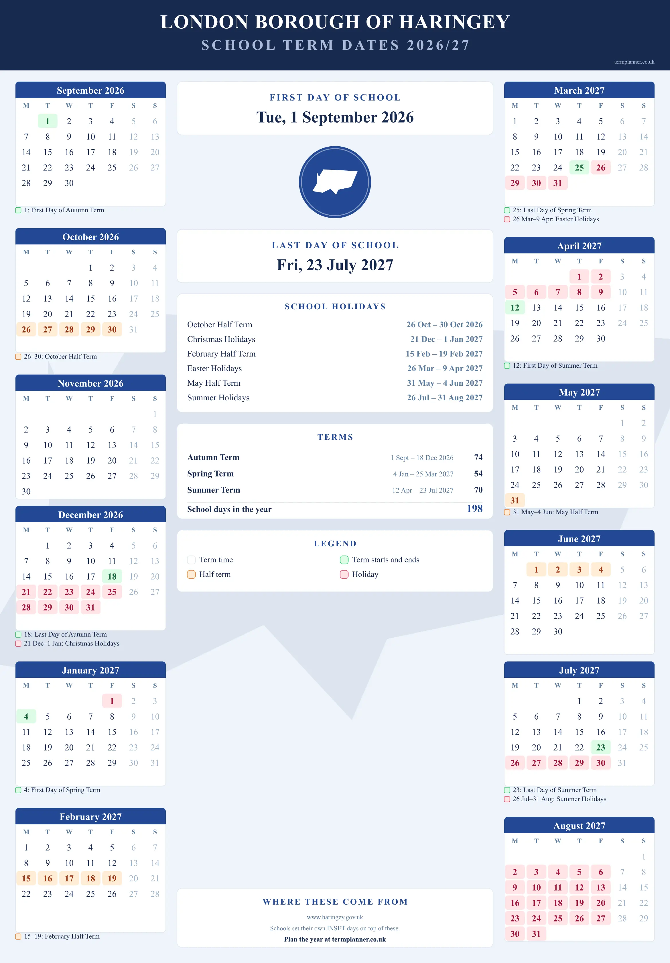 London Borough of Haringey’s 2026/27 school year drawn as a wall calendar: all twelve months from September to August, with autumn term 1 September to 18 December 2026, spring term 4 January to 25 March 2027, summer term 12 April to 23 July 2027. Half terms, holidays and bank holidays are shaded, and each month's dates listed underneath it in words.