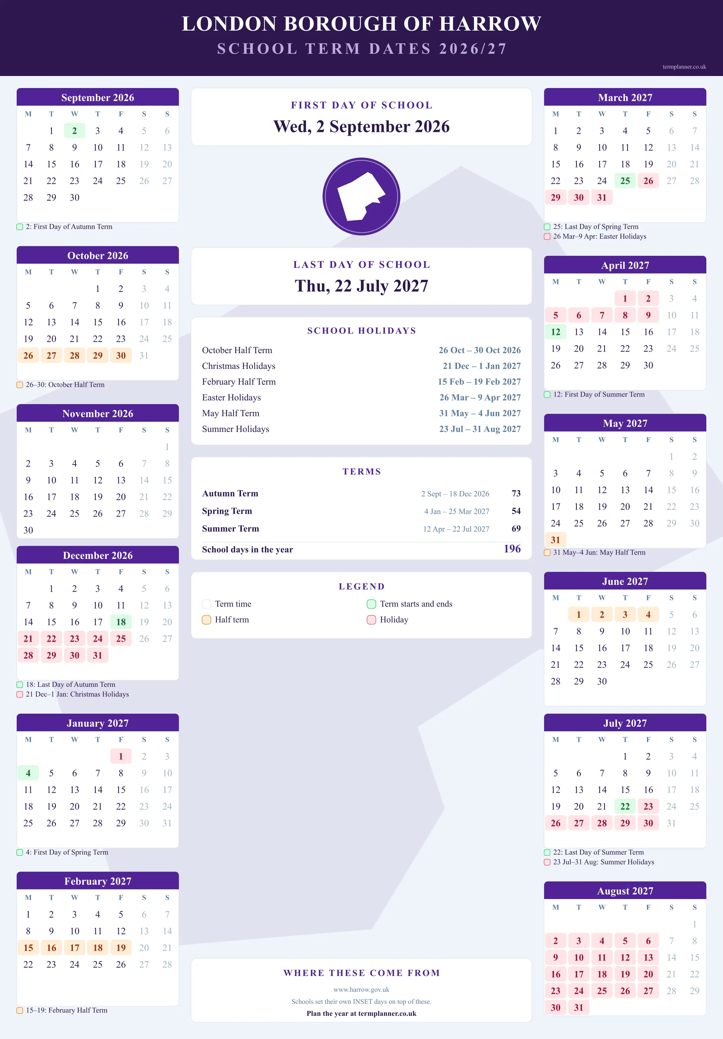London Borough of Harrow’s 2026/27 school year drawn as a wall calendar: all twelve months from September to August, with autumn term 2 September to 18 December 2026, spring term 4 January to 25 March 2027, summer term 12 April to 22 July 2027. Half terms, holidays and bank holidays are shaded, and each month's dates listed underneath it in words.